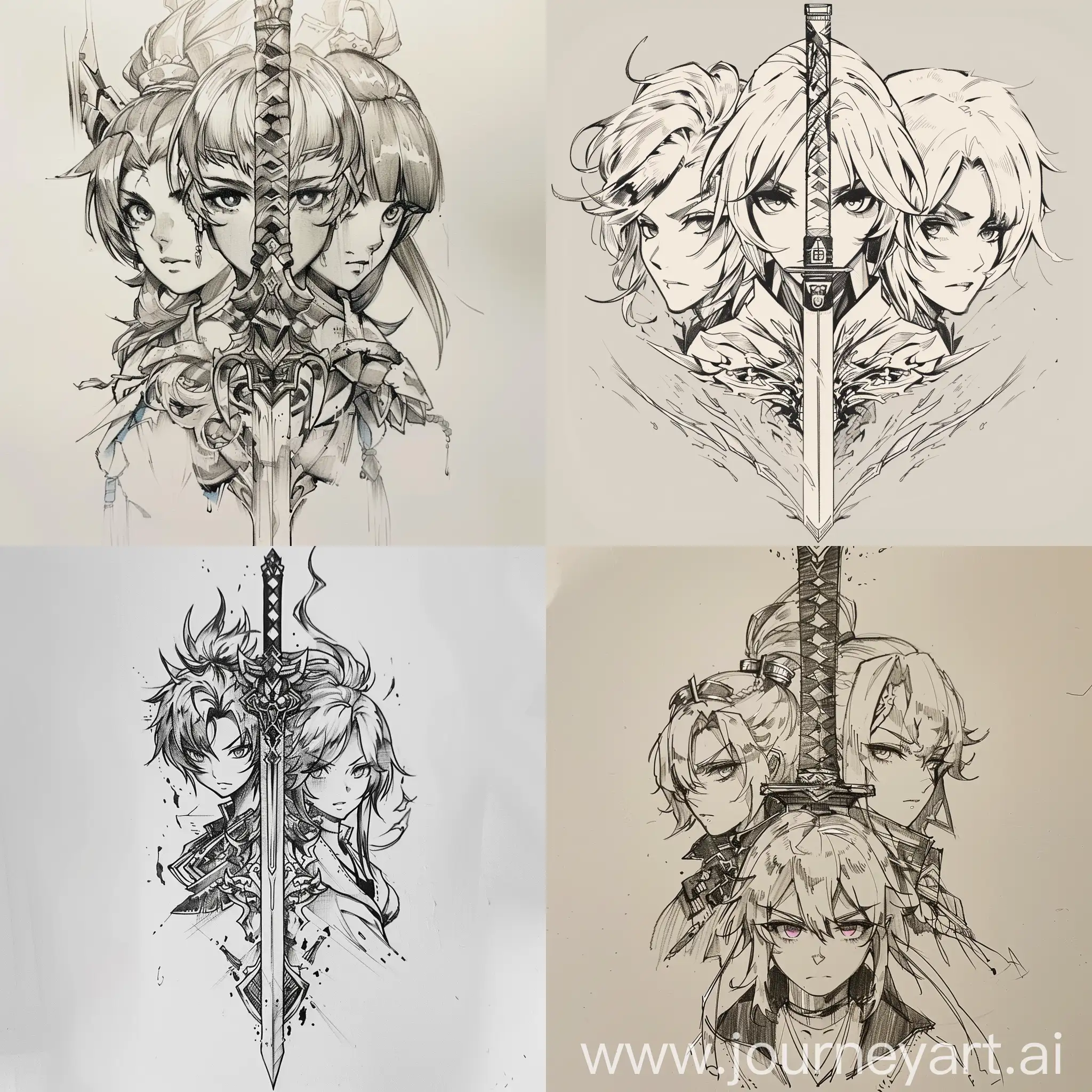 Tattoo Sketch: A katana in the center with three character heads aligned along the blade. Raiden Mei from Honkai Impact 3rd, Raiden Shogun from Genshin Impact, and Acheron from Honkai Star Rail. The heads should be arranged vertically along the katana, facing forward. All characters are female. Raiden Mei has stern facial features, sharp eyes, and flowing hair, with a serious and focused expression. Raiden Shogun has an imperial, fierce expression, intense and commanding purple eyes, and hair styled in a traditional samurai topknot. Acheron has a mystical and enigmatic look, with part of her face obscured by a hood, and faintly glowing eyes. All heads are depicted in black and white anime style. The katana is designed in traditional Japanese style, with intricate details on the hilt and blade. Style: anime, black and white, detailed facial features. Mood: strong, determined, with elements of mysticism and power. Size: medium, suitable for forearm or shoulder. Clear lines and detailed elements. All characters should be clearly recognizable as female.