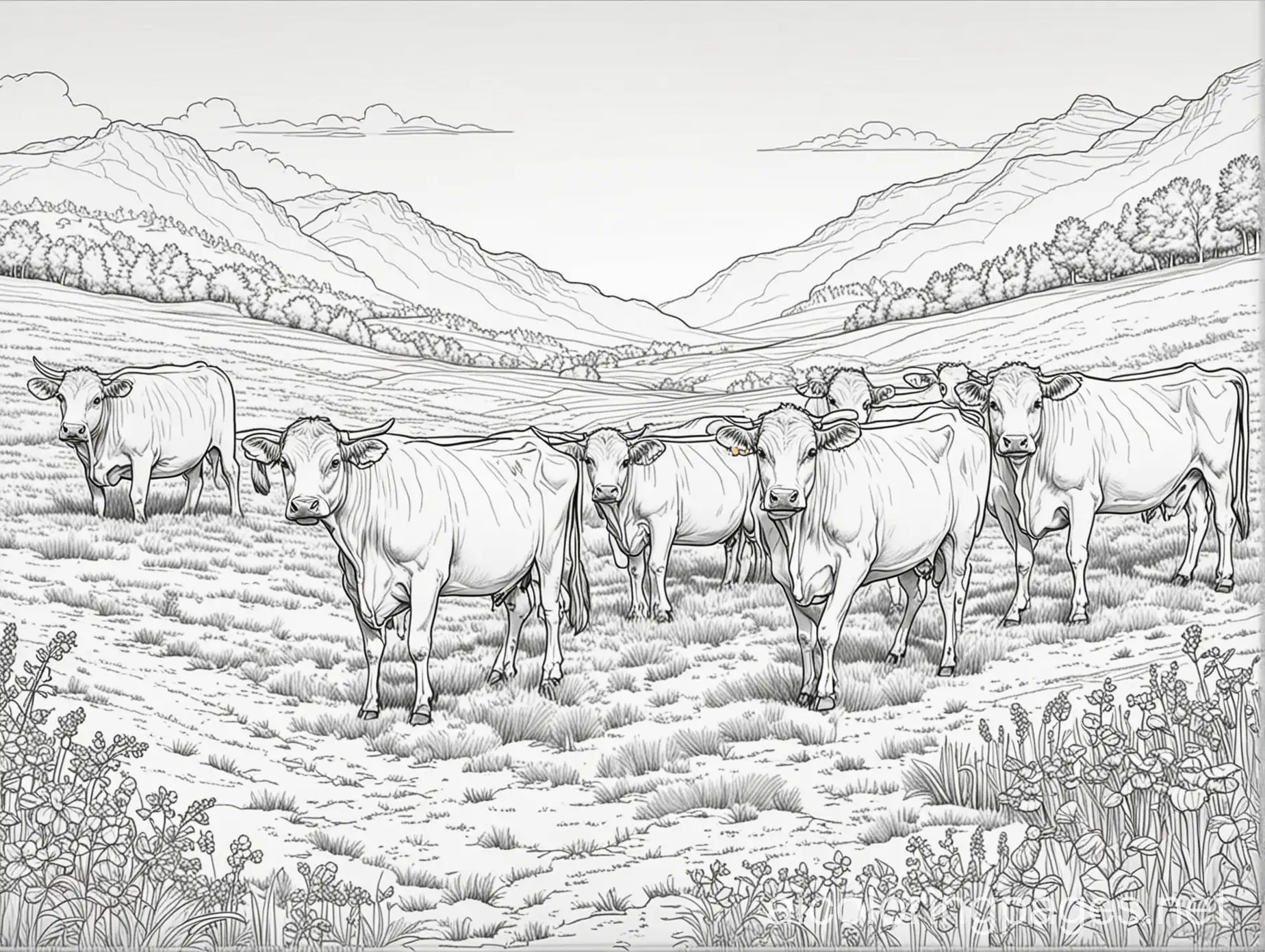 cows field landscape on one plan Coloring Page, black and white, line art, white background, Simplicity, Ample White Space. The background of the coloring page is plain white to make it easy for young children to color within the lines. The outlines of all the subjects are easy to distinguish, making it simple for kids to color without too much difficulty, Coloring Page, black and white, line art, white background, Simplicity, Ample White Space. The background of the coloring page is plain white to make it easy for young children to color within the lines. The outlines of all the subjects are easy to distinguish, making it simple for kids to color without too much difficulty
