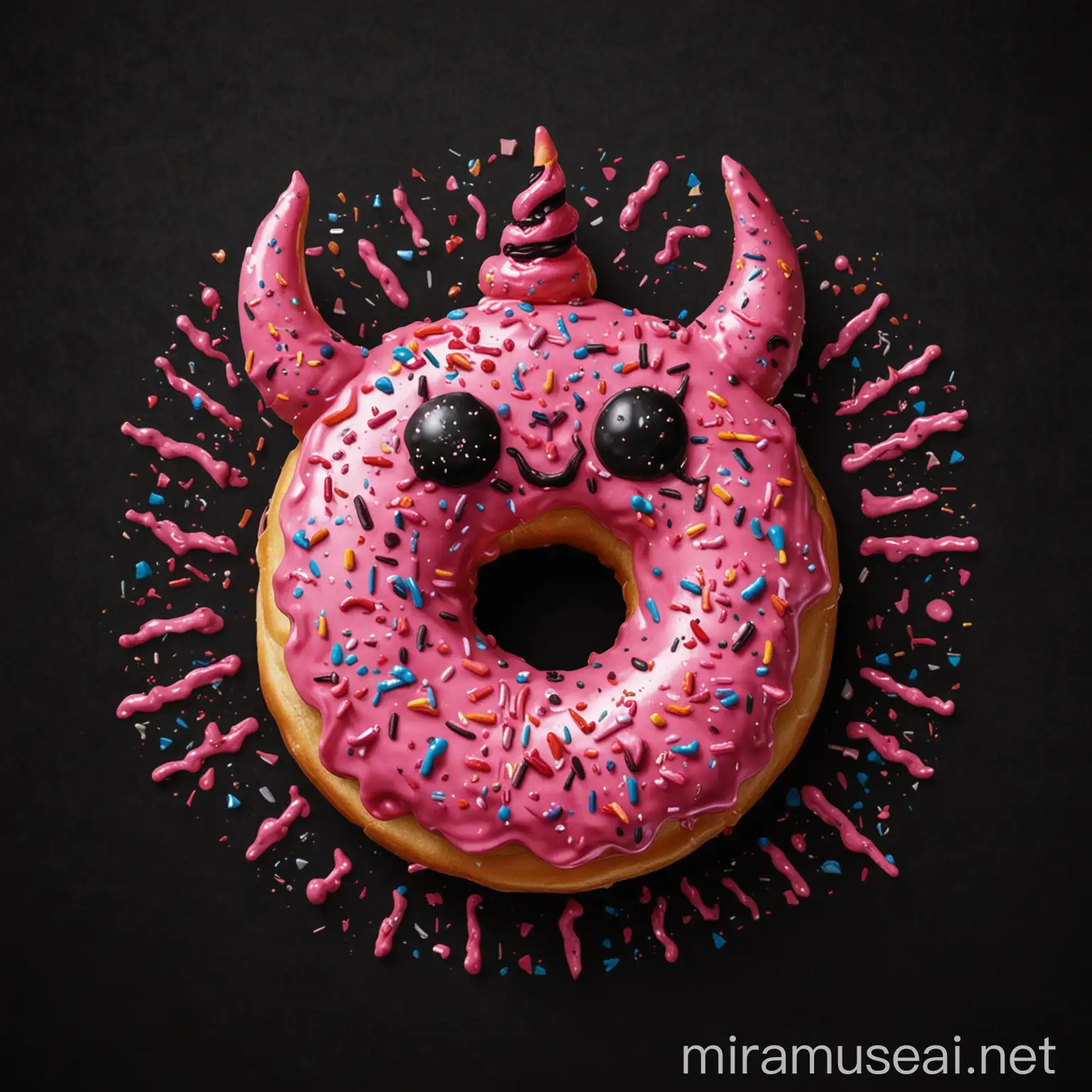 Make logo for a flag with a pink donut with sprinkles for a metal festival. With devil horns and a black background