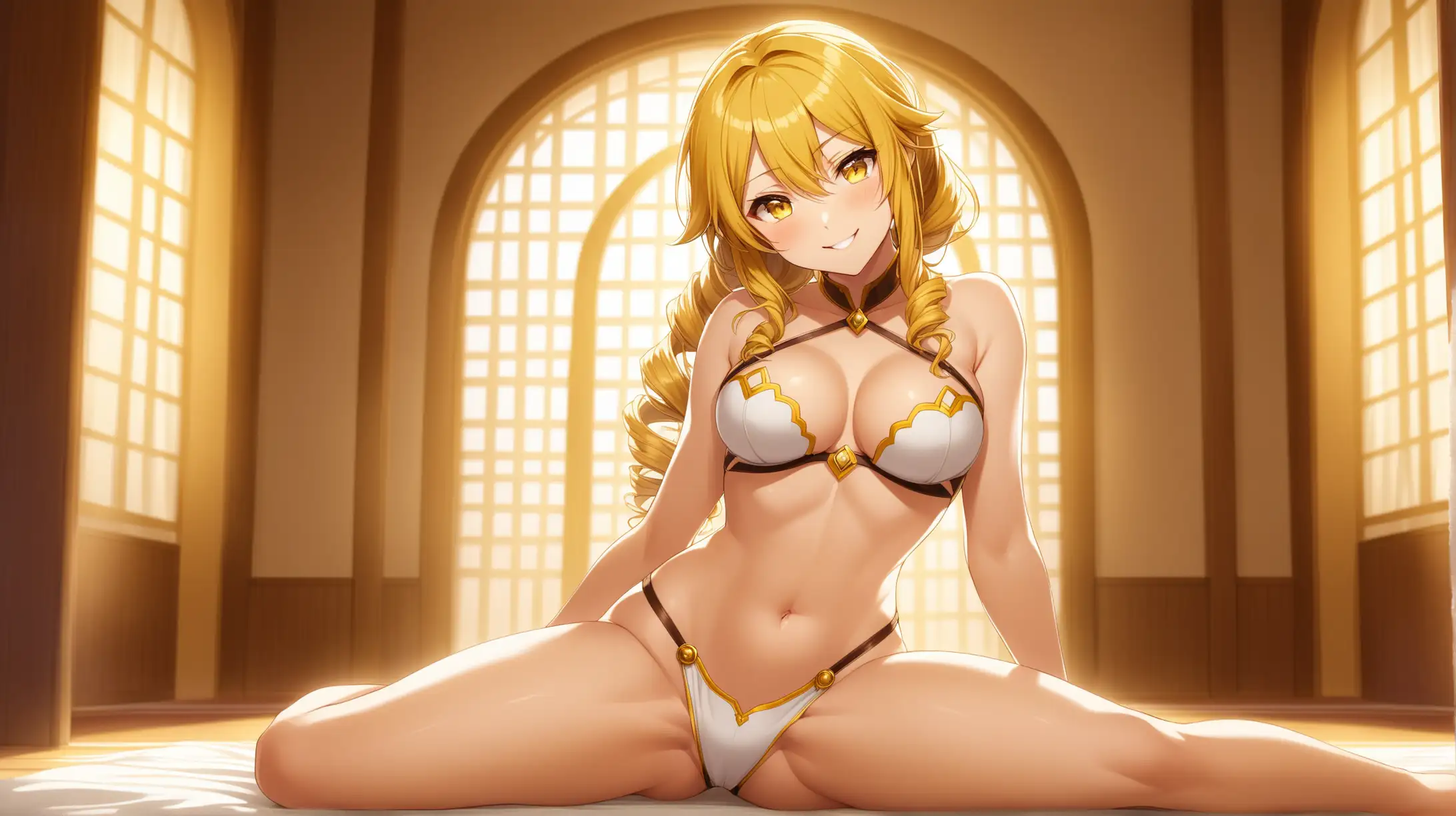 Draw the character Mami Tomoe, blonde, drill hair, yellow eyes, high quality, soft lighting, long shot, indoors, spread legs, seductive pose, revealing outfit, smiling