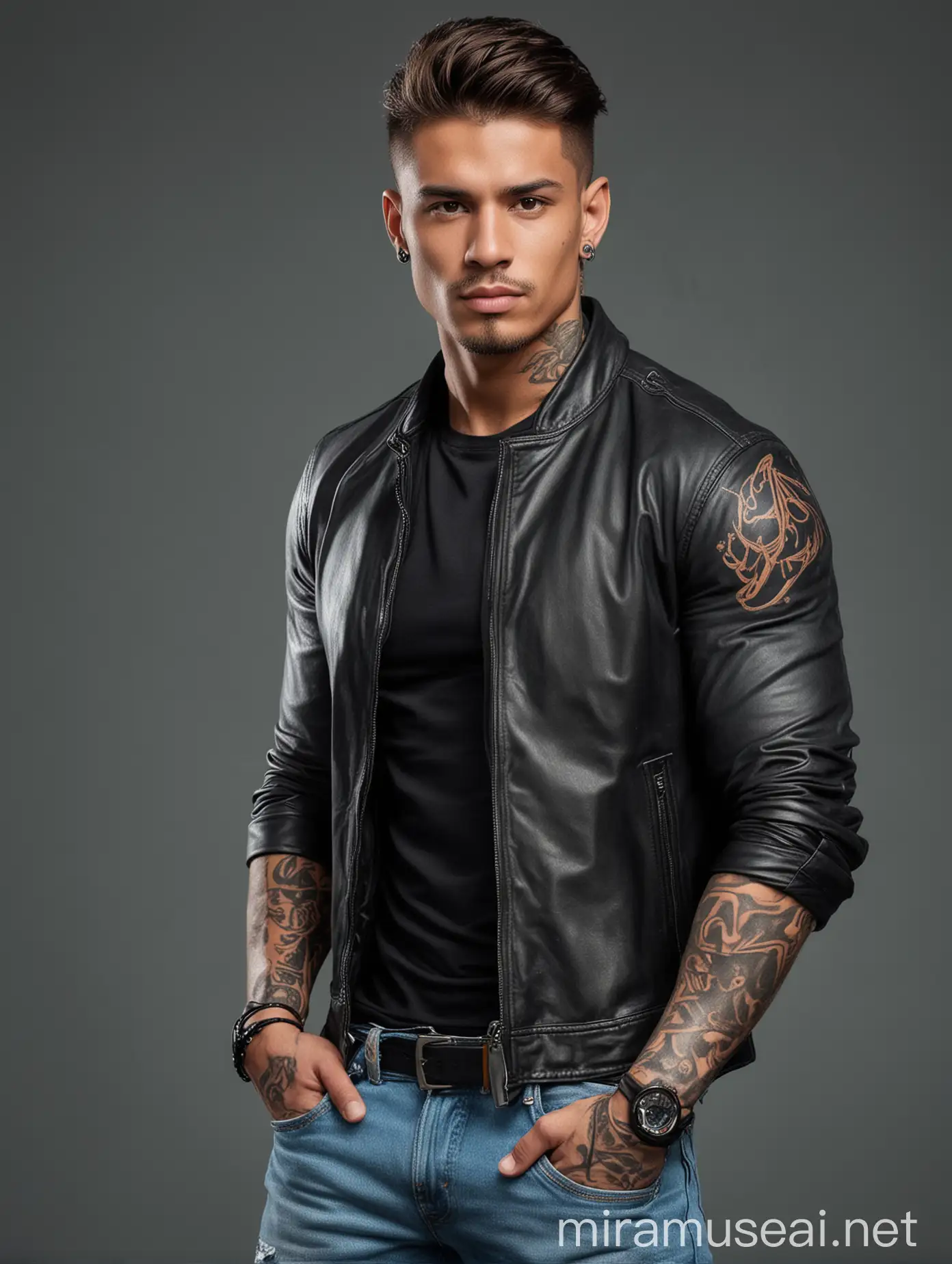Hombre musculoso, latino, con tatuajes.  de cabello marron, camisa negra, chaqueta de cuero negra, jeans azul claro