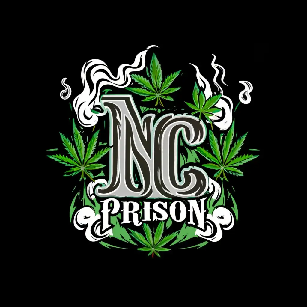a logo design,with the text "NC Prison", main symbol:marijuana theme, cursive lettering, smoke around letter,complex,be used in Others industry,clear background