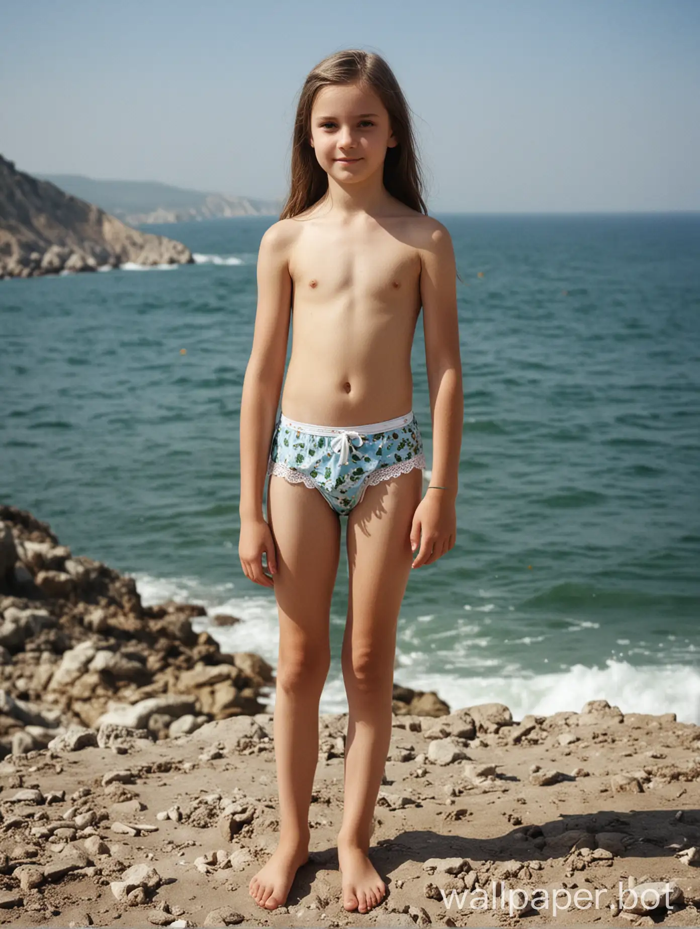 Crimea, sea view, 11-year-old girl scout, full-length, in underwear