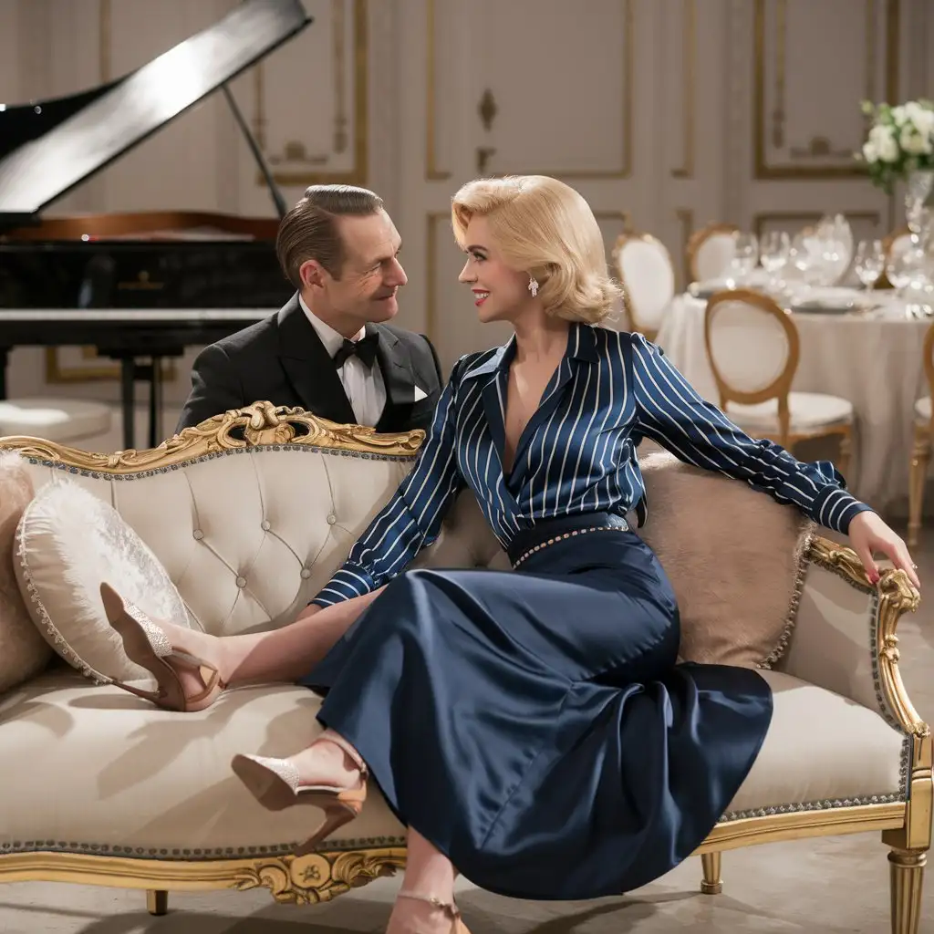 A large ballroom. To the left is a piano. To the right, a dining table. In the middle is a sofa. A caucasion man is sitting on the  sofa. A beautiful blonde woman is sitting beside him on the sofa. she is looking deeply into his eyes and smiling.  she is wearing a dark blue and white striped satin blouse, long dark blue satin maxi circle skirt and heels.