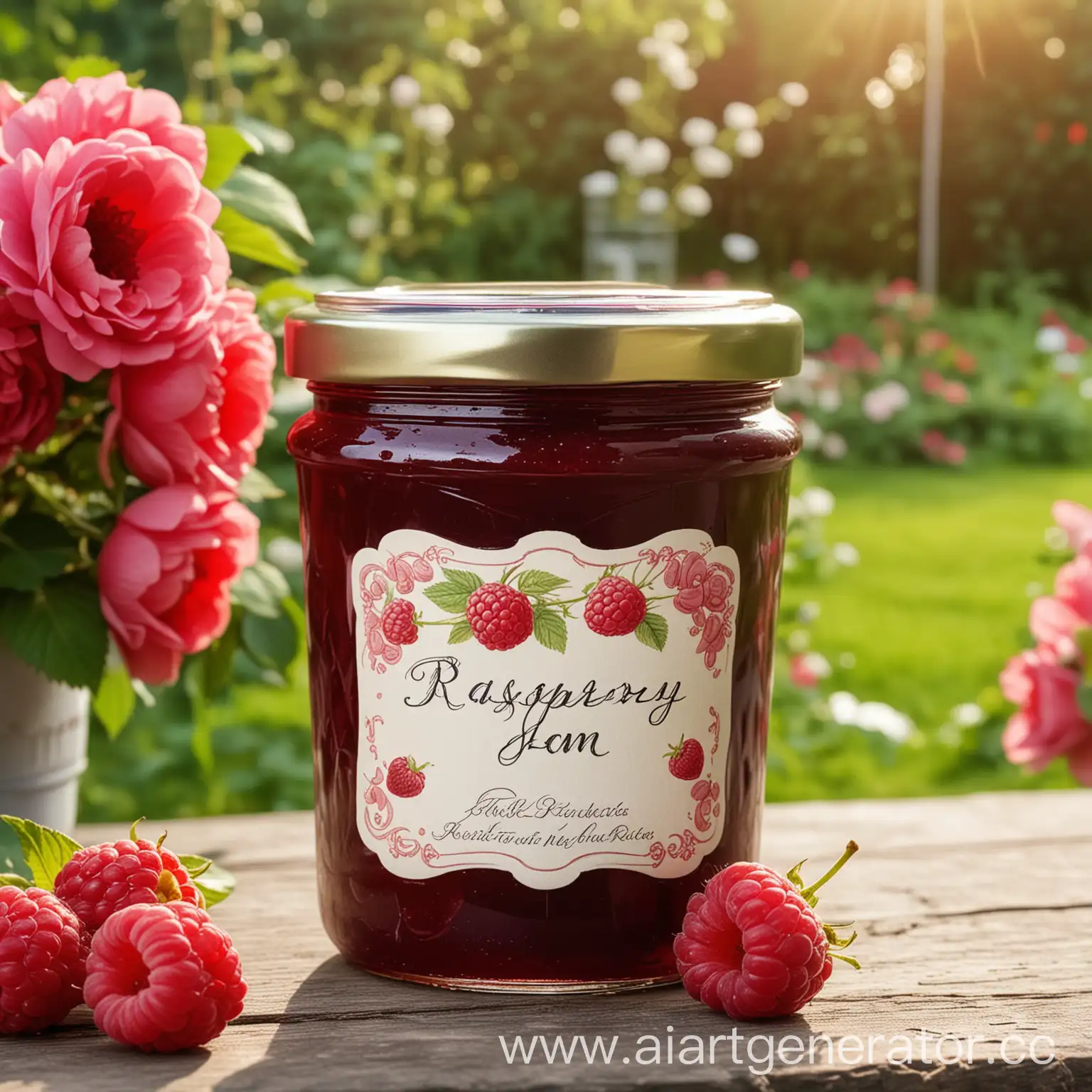 Jar-of-Raspberry-Jam-with-Fresh-Raspberries-on-Garden-Table