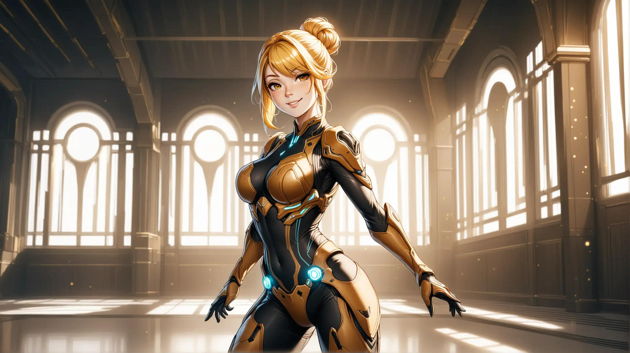 Blonde Woman with WarframeInspired Outfit Poses Dynamically in Natural Light