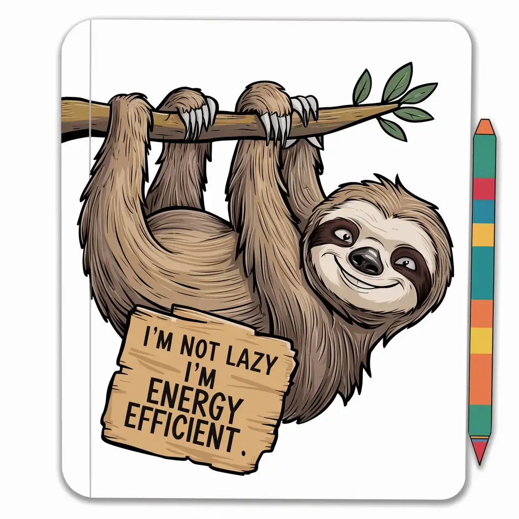 A cartoon of a grumpy sloth hanging upside down with the words "I'm Not Lazy, I'm Energy Efficient", suitable for notebooks.