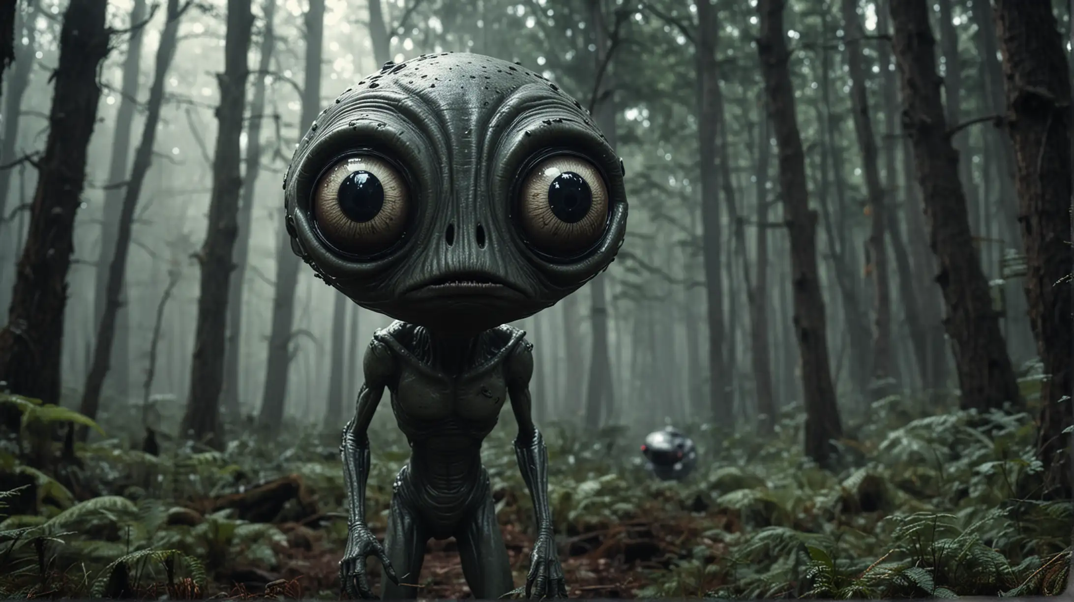 An seemingly scary looking alien with funny googly eyes, in a dark forest with a alien space ship in the background