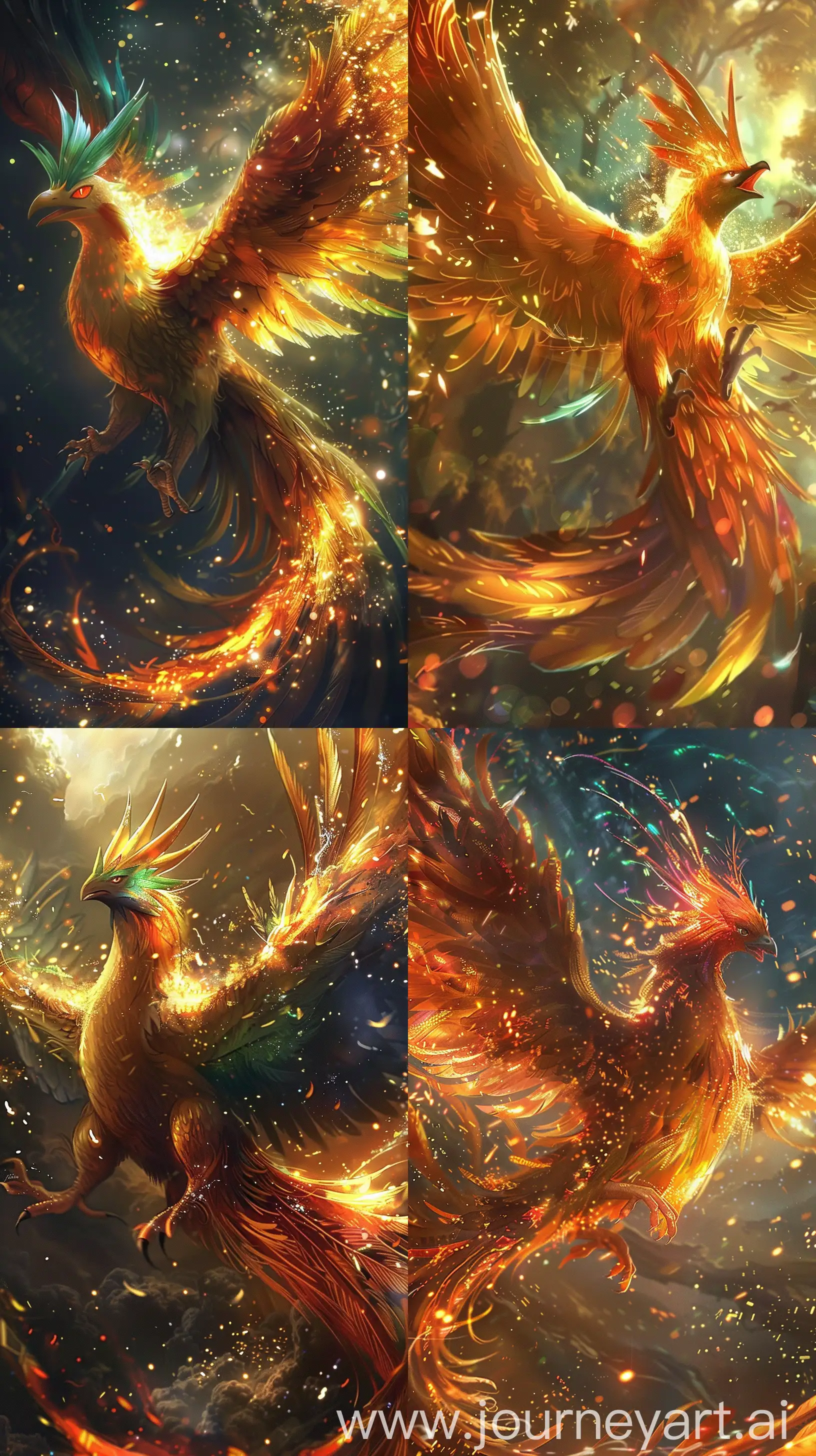 Ho-Oh Pokémon,the legendary fire/flying type Pokémon,surround Ho Oh with a radiant,golden aura,and add sparkling,glittering effects around it's wings and feathers,awe inspiring atmosphere,beautiful --ar 9:16