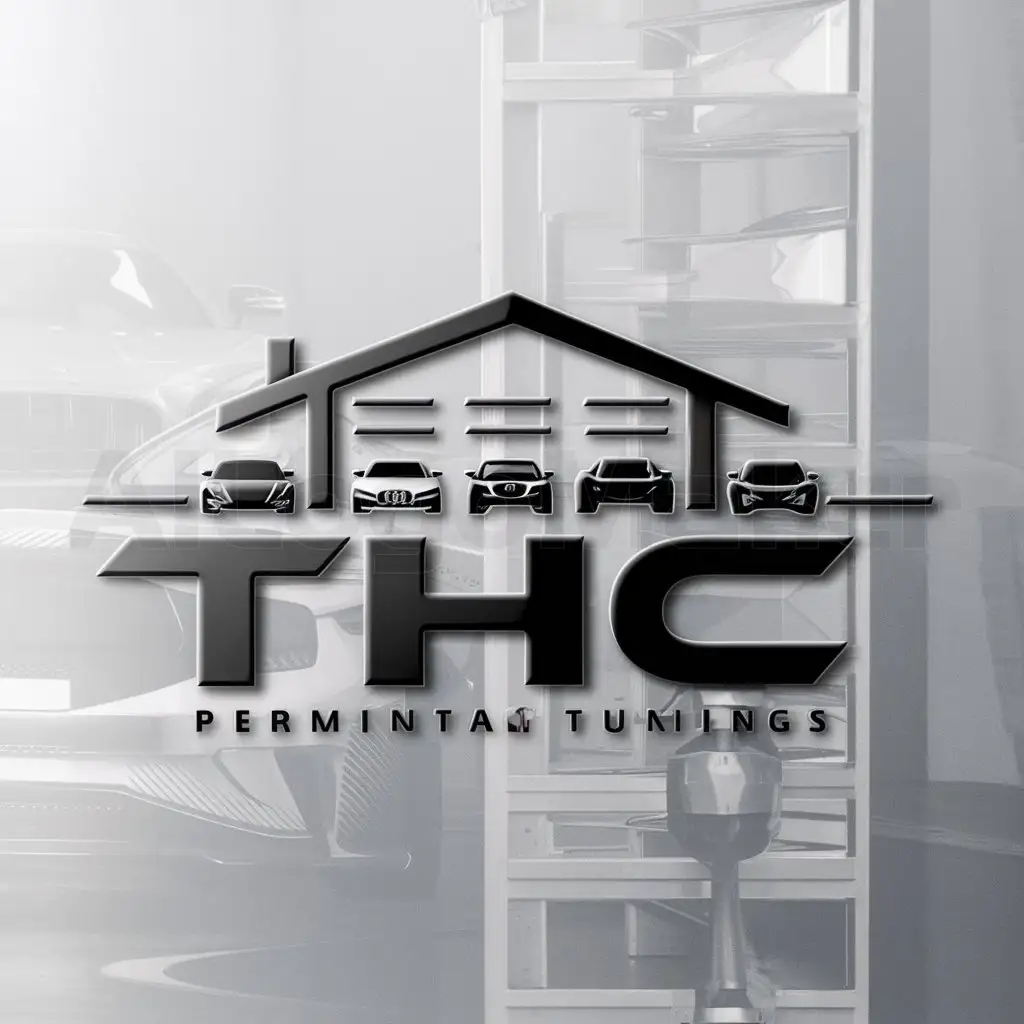 a logo design,with the text "THC", main symbol:Eine Fahrzeughalle im Hintergrund mit einem Mercedes einem Audi einem Subaru einem Peugeot and a Ford,complex,be used in Tuning industry,clear background