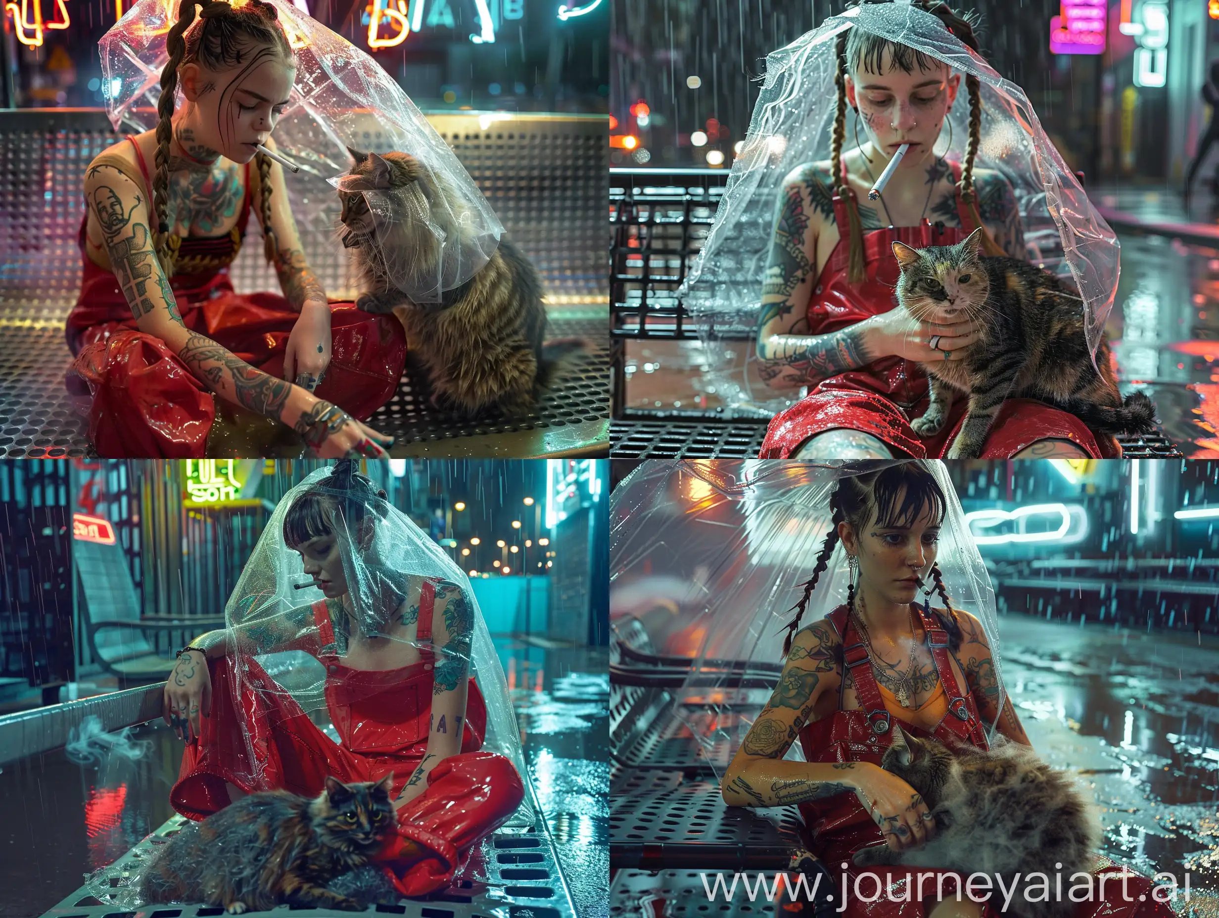 Night Rain Emma Watson in Red Dungarees with Stray Cat | Journey AI Art