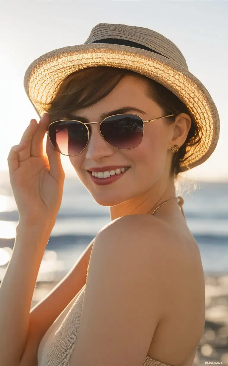 Portrait of a beautiful Emma Watson in a hat, sunglass，smiling， summer outfit, with  light red powder blusher, in a close up shot, with sunlight, outdoors, in soft light, with a beach background, looking at the camera, with high resolution photography, in the style of Hasselblad X2D50c --ar 85:128 --v 6.0 --style raw