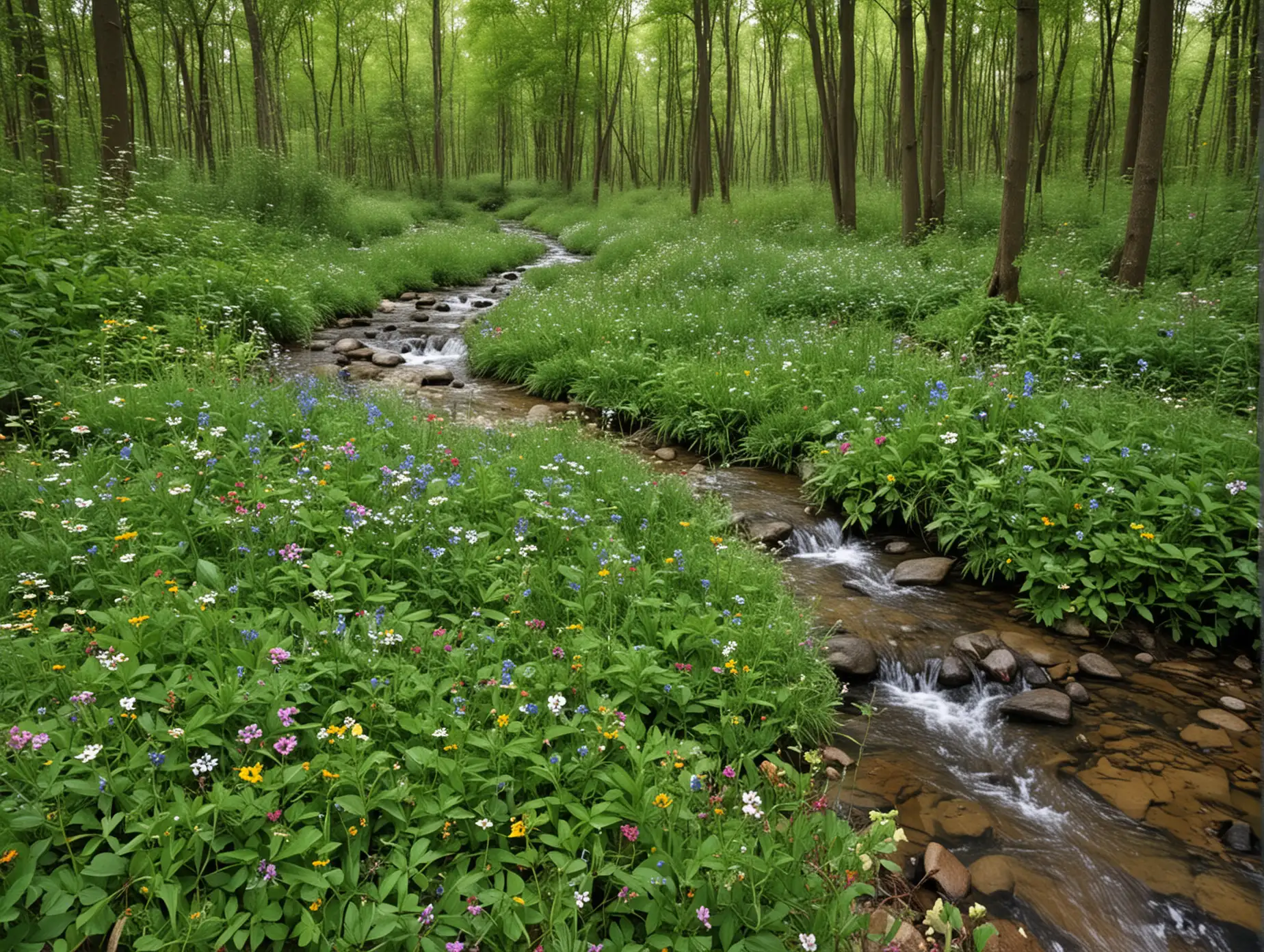 Tranquil-Forest-Stream-Amid-Wildflowers-Serene-Nature-Scene