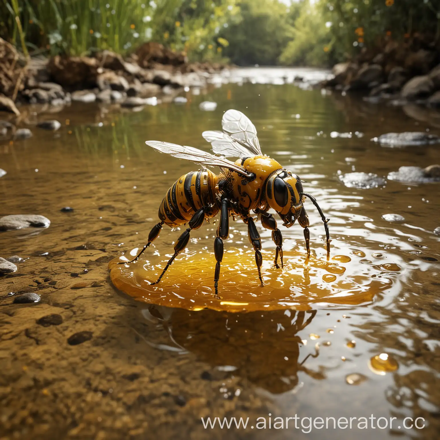 a robot bee bathing in a river of honey