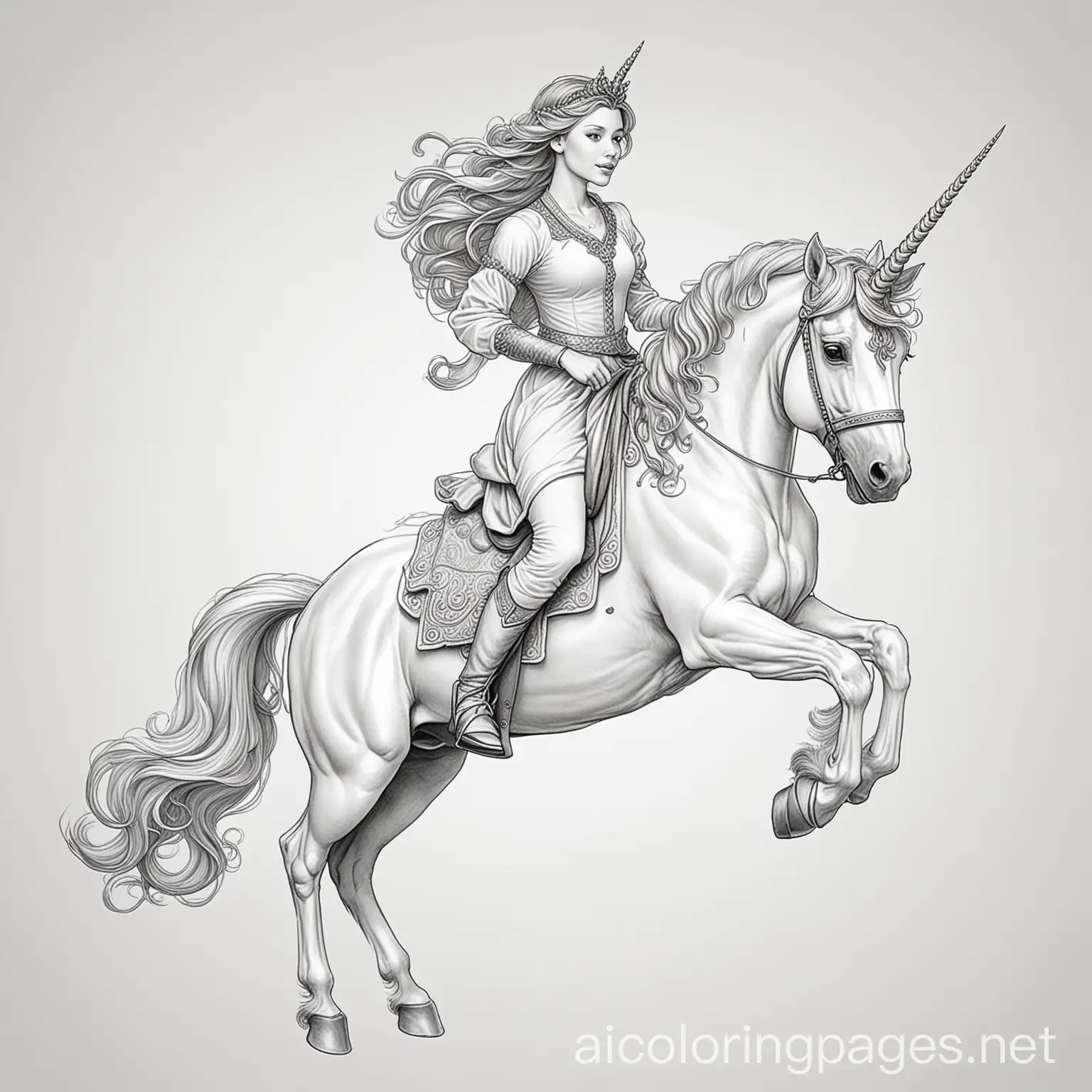 Princess riding majestic unicorn, Coloring Page, black and white, line art, white background, Simplicity, Ample White Space. The background of the coloring page is plain white to make it easy for young children to color within the lines. The outlines of all the subjects are easy to distinguish, making it simple for kids to color without too much difficulty