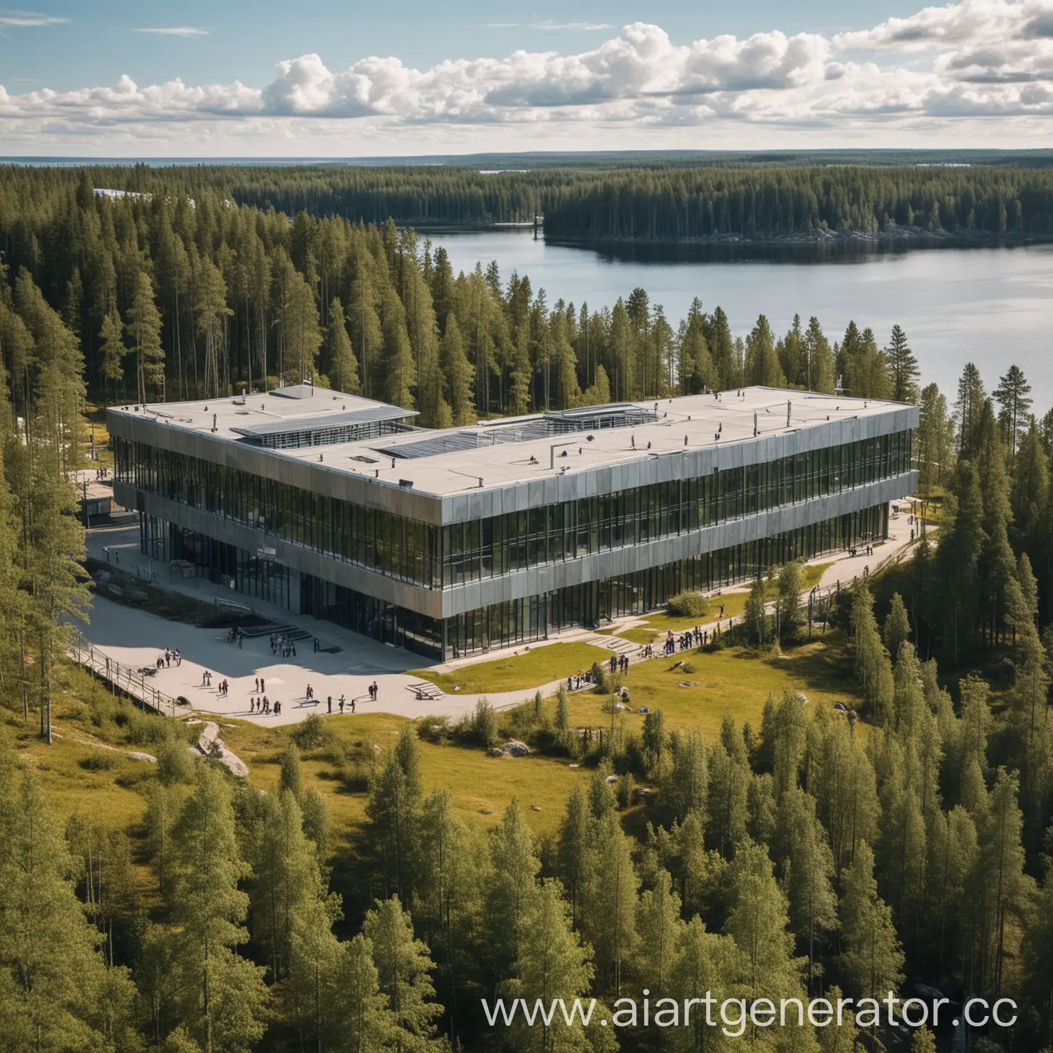 Школа в Хай-Тек стиле в Финляндии летом на берегу озера