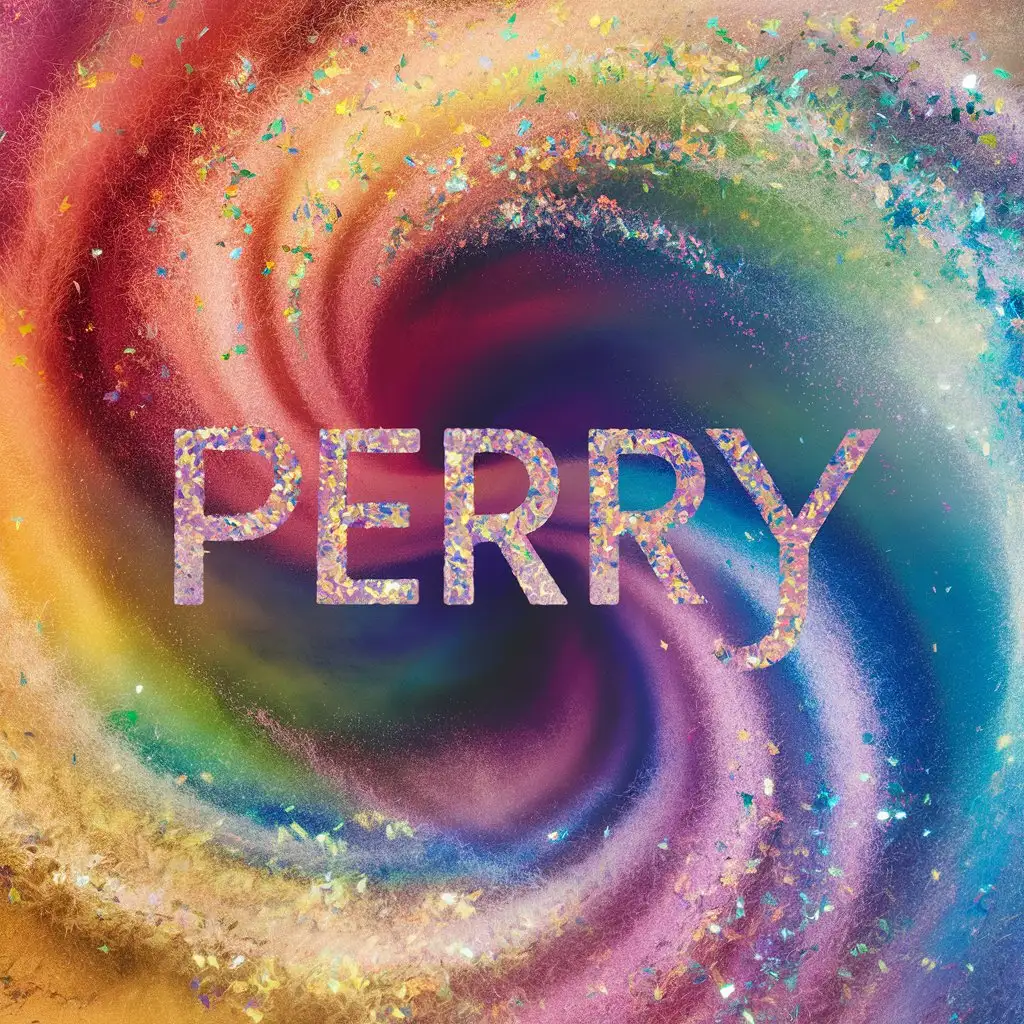 A majestic swirl of rainbow glitter and iridescent powder wrapping up into the NAME "PERRY"