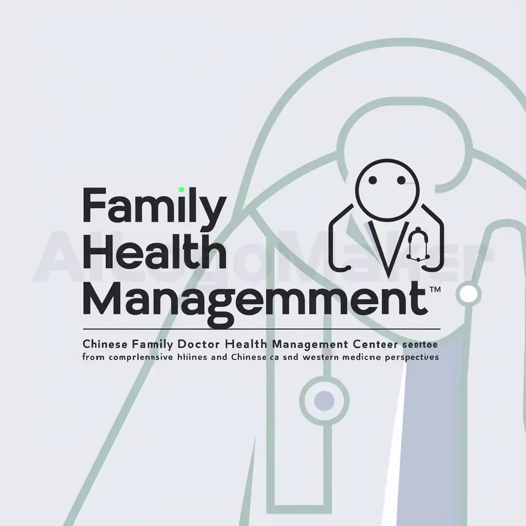 a logo design,with the text "family health management", main symbol:Chinese family doctor health management center is a planning service organization that depends on China Medical University and its affiliated hospital, using its research strength and clinical experience to manage the health of people from both Chinese and Western medicine perspectives, serving as health managers for the Chinese people. The health management project represents a ‘trillion’ business opportunity. Former US President Clinton's chief economist, Paul Pierce, pointed out in his book 'The Fifth Wave of Wealth': the health care industry is the fifth major financial wave of the 21st century following computers, networks, cars, and energy. Currently, there are 50 million families in China with an annual income of over 100,000 yuan, and more than 90% of families hope to have private health care services for health improvement and maintenance. My company will manage customers' health according to market demand and provide personalized health guidance to achieve the best health improvement effect.,Minimalistic,be used in Technology industry,clear background