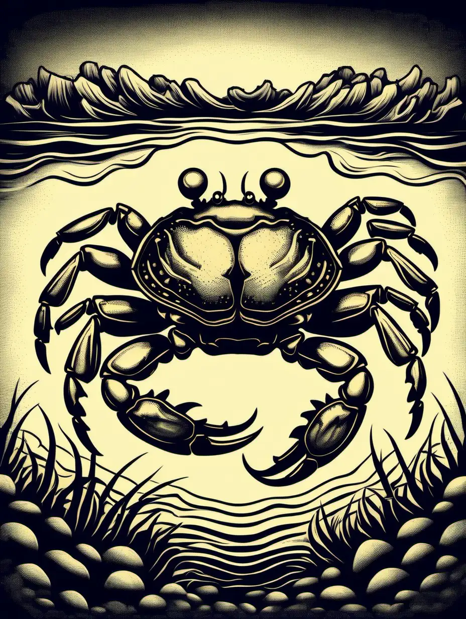 small crab on bottom, black background, retro style, detailed illustration design 