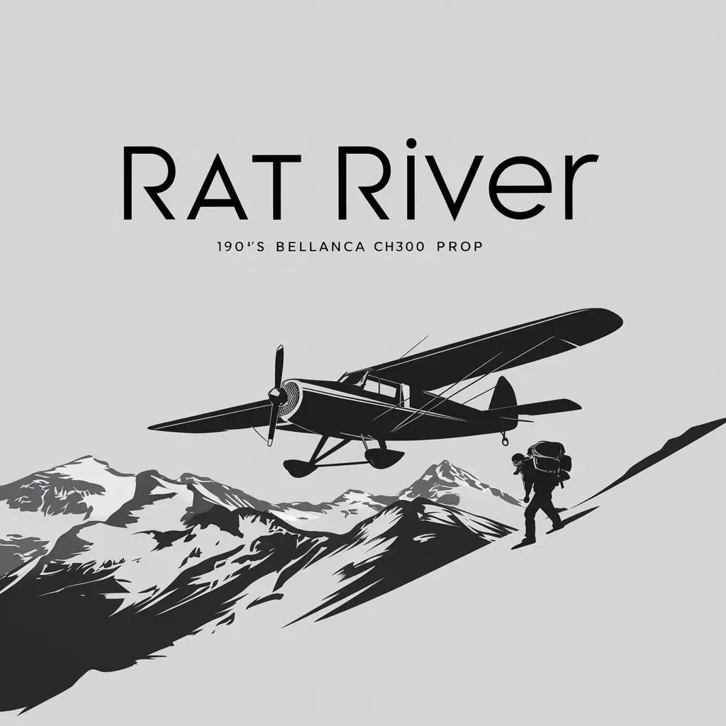 a logo design,with the text "RAT RIVER", main symbol:1930's prop plane (bellanca CH300) flying over a steep, rocky and snowy mountain range. A small character with a large pack and a rifle slung over the shoulder is beneath on the slope of the main mountain.,Minimalistic,clear background