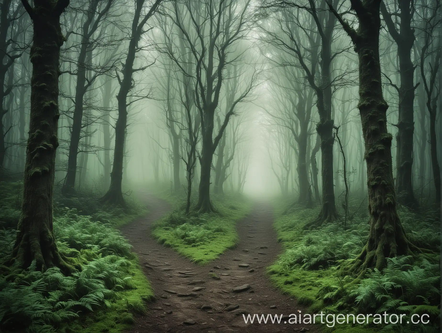 Enchanted-Path-Through-Mysterious-Green-Forest-in-Fog
