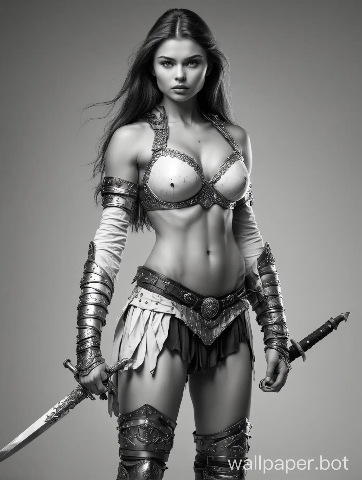 young Alina Kabaeva girl, dark long hair, big breasts 4 size, narrow waist, wide hips, white titanium armor of the northern barbarian marauder, deep neckline, shorts, sword, black and white sketch, white background, style nude fantasy