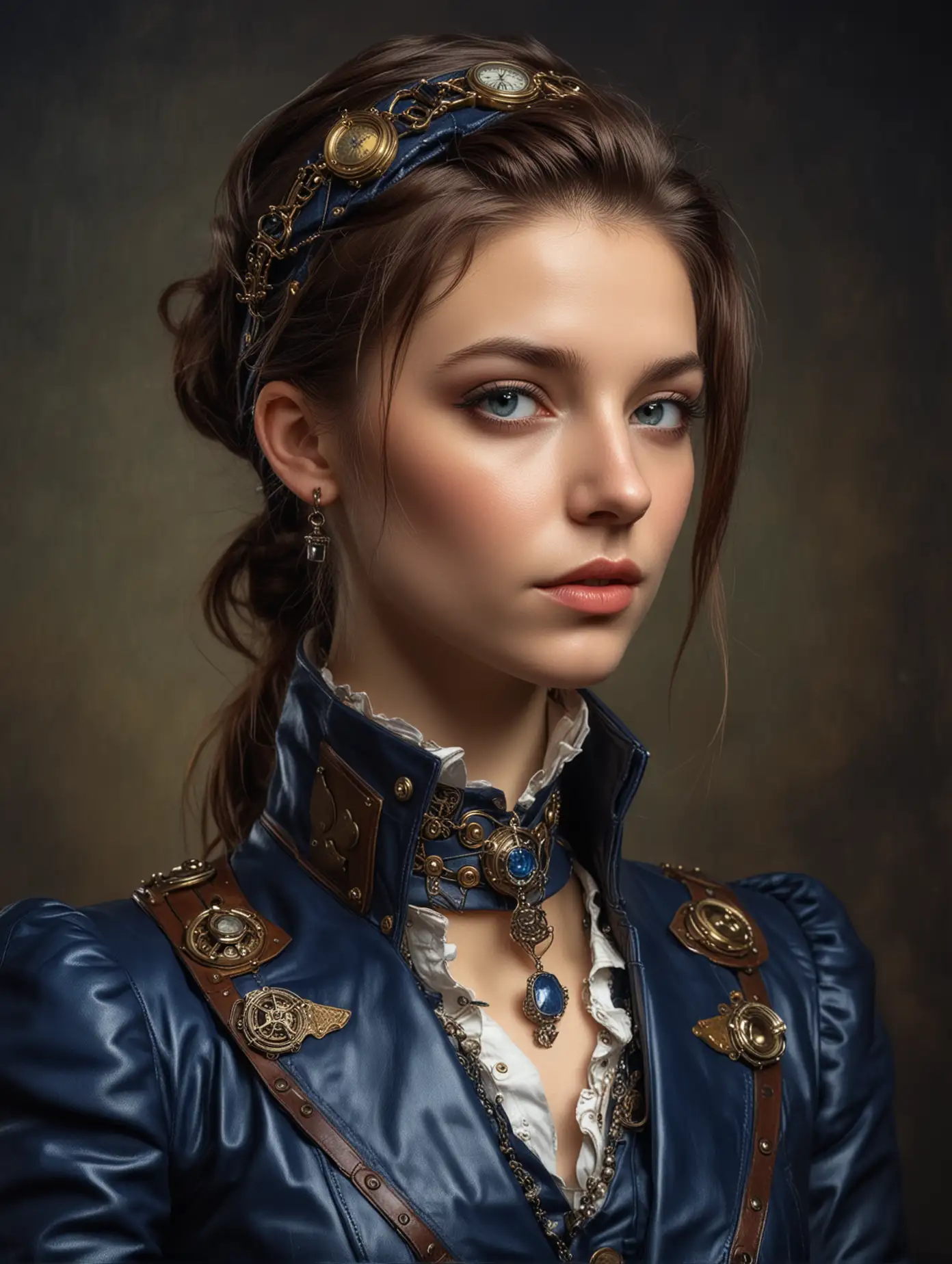 the portrait of a young steampunk noble woman in a leather  dark blue suit, with steampunk jewelry, old dutch painting masters style