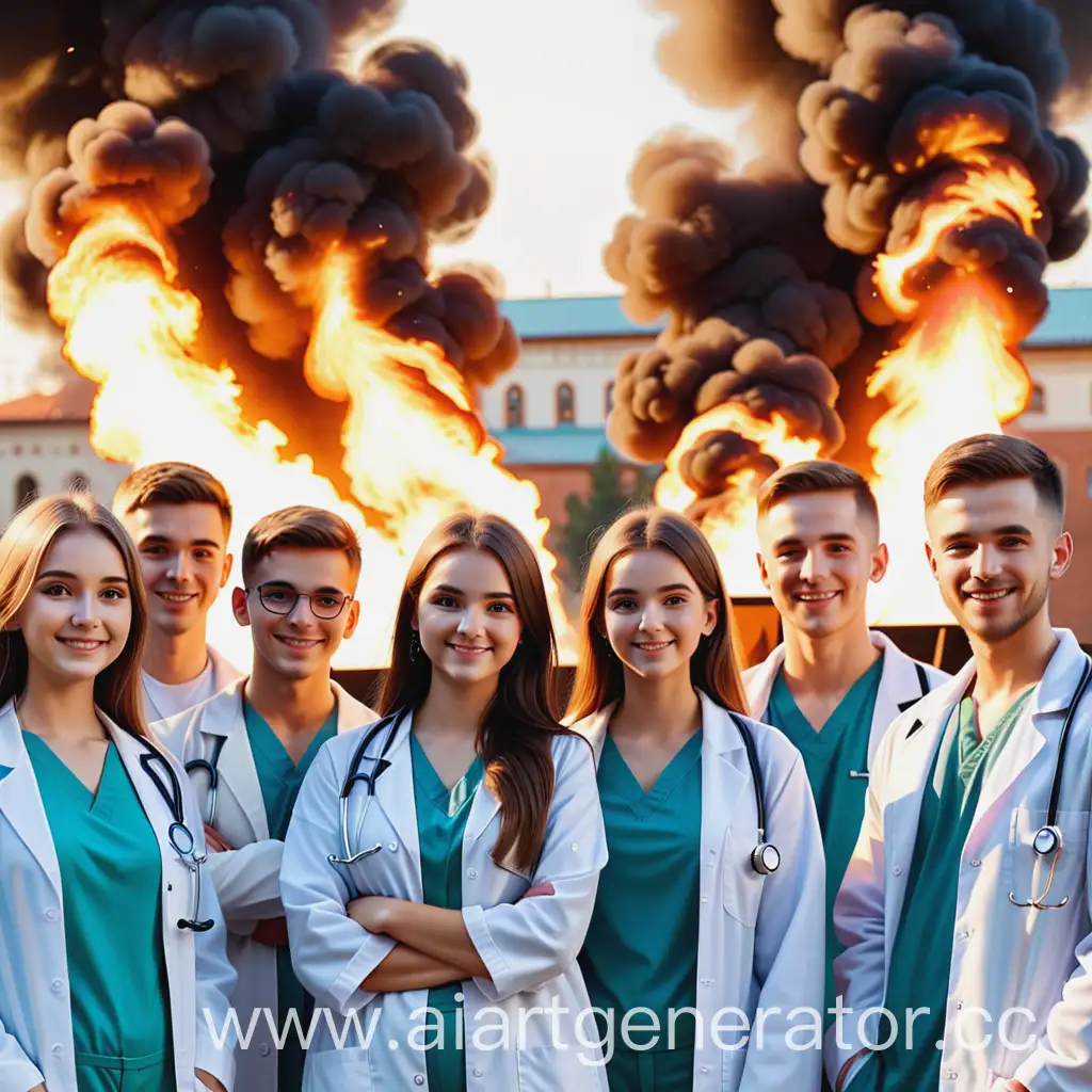 9 студенток медицинского, стоят на фоне горящего университета бфу и иронично улыбаются