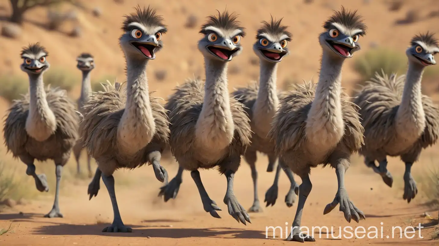 3D cartoon, emu, run, multiple posses