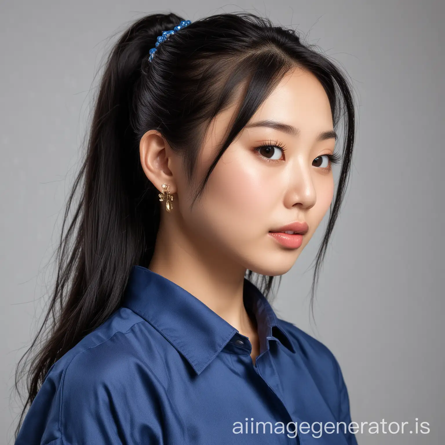Asian-Woman-Portrait-with-Black-Hair-and-Blue-Blouse-Front-Lighting