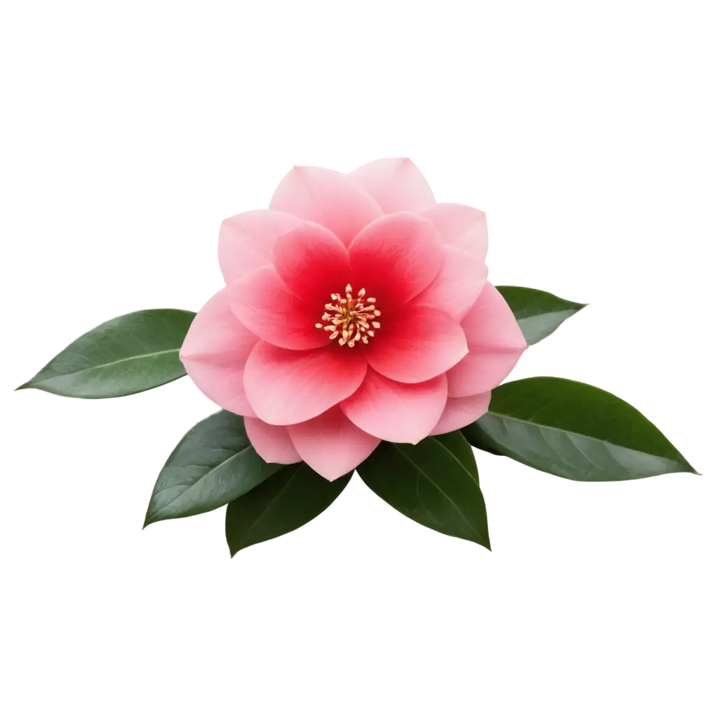 A camellia flower in soft pink or red, with rounded petals and a hint of green foliage.