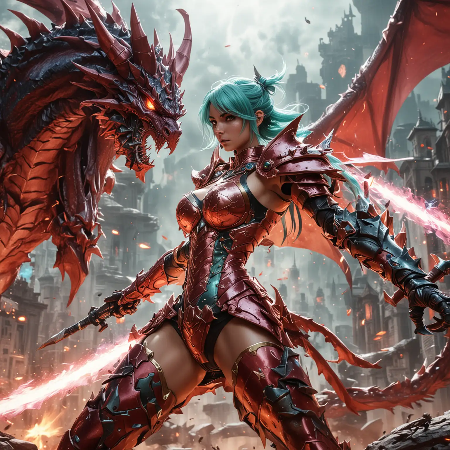 female paladin in shiny skimpy armor seen from the back fighting a giant dragon that is towering over her
