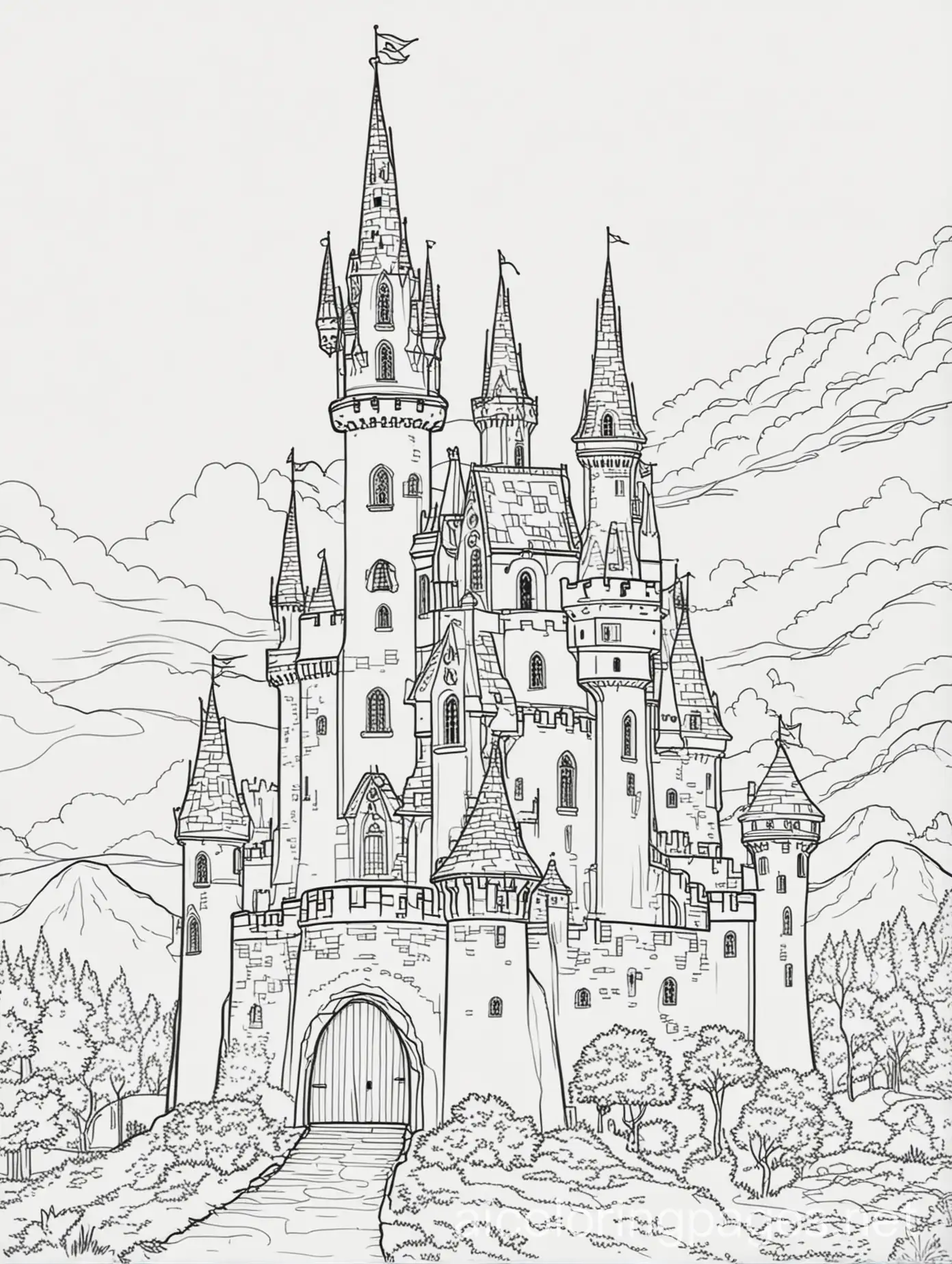 fairy tale castle, coloring page, black and white, line drawing, ample white space, no shading, Coloring Page, black and white, line art, white background, Simplicity, Ample White Space. The background of the coloring page is plain white to make it easy for young children to color within the lines. The outlines of all the subjects are easy to distinguish, making it simple for kids to color without too much difficulty, Coloring Page, black and white, line art, white background, Simplicity, Ample White Space. The background of the coloring page is plain white to make it easy for young children to color within the lines. The outlines of all the subjects are easy to distinguish, making it simple for kids to color without too much difficulty