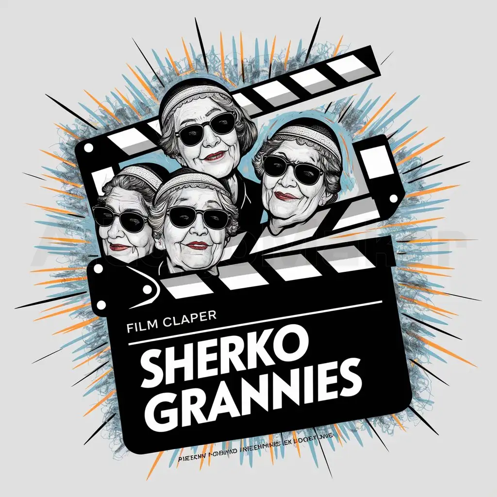 a logo design,with the text "SHERKO GRANNIES", main symbol:Different 4 old jewish grannies with headcovers and sunglasses, in film clapper, in paul klee vibe,complex,clear background