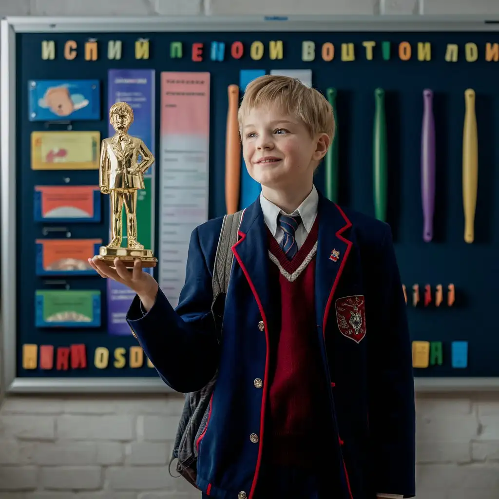 A Russian teenage schoolboy in a school uniform against the background of a school board holds in his hand a beautiful large golden figurine of a young deputy politician