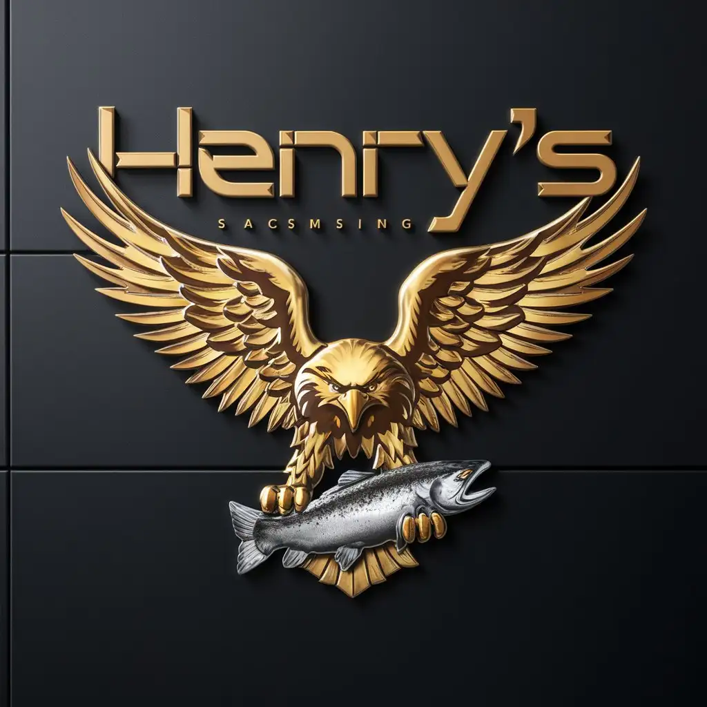 a logo design,with the text "Henry’s", main symbol:A majestic golden eagle spreading its wings and feathers while grasping a salmon with its claws. Black background.,Moderate,clear background