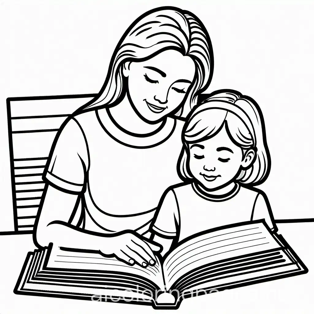 Mother read small book with kid, Coloring Page, black and white, line art, white background, Simplicity, Ample White Space. The background of the coloring page is plain white to make it easy for young children to color within the lines. The outlines of all the subjects are easy to distinguish, making it simple for kids to color without too much difficulty