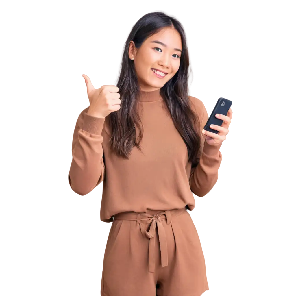 perempuan asia cantik pegang handphone dengan rasa gembira