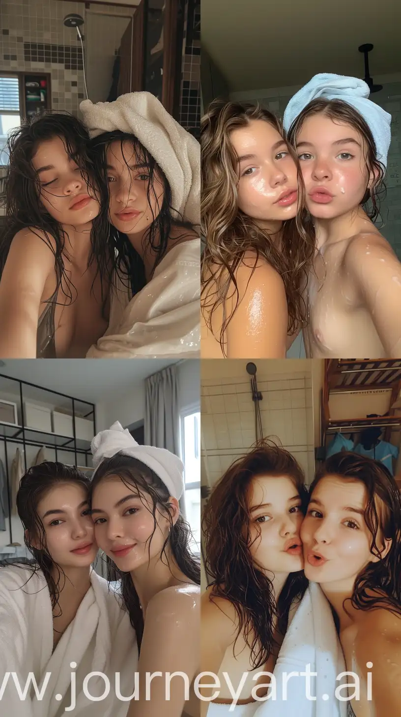 Aesthetic Instagram selfie of a teenage girl with her best friend, wet hair, beautiful, towel, gorgeous, wide set,  profile throw face away in room --ar 9:16