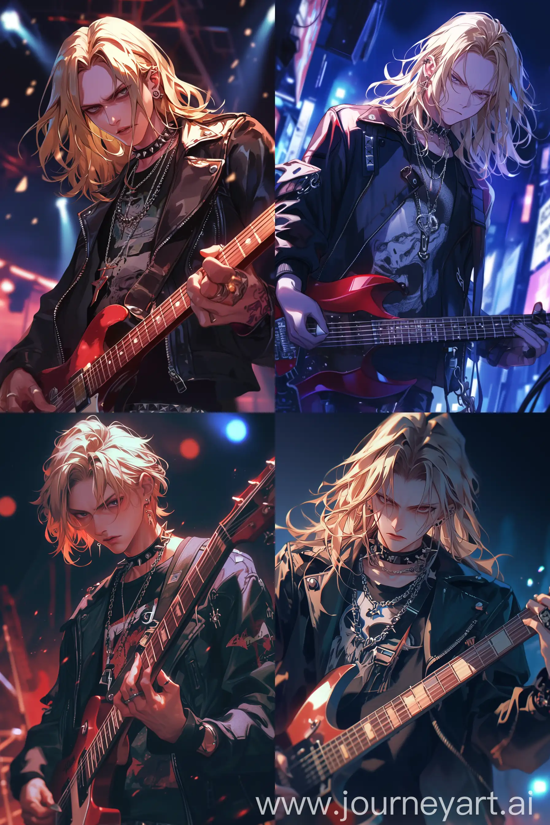 masterpiece, best quality,1boy, blond neck - length hair, guitarist, serious expression, punk outfit , black jacket, pierced ears, metal necklace, rock band t - shirt, holding electric guitar, Studio, night --niji 6 --ar 2:3