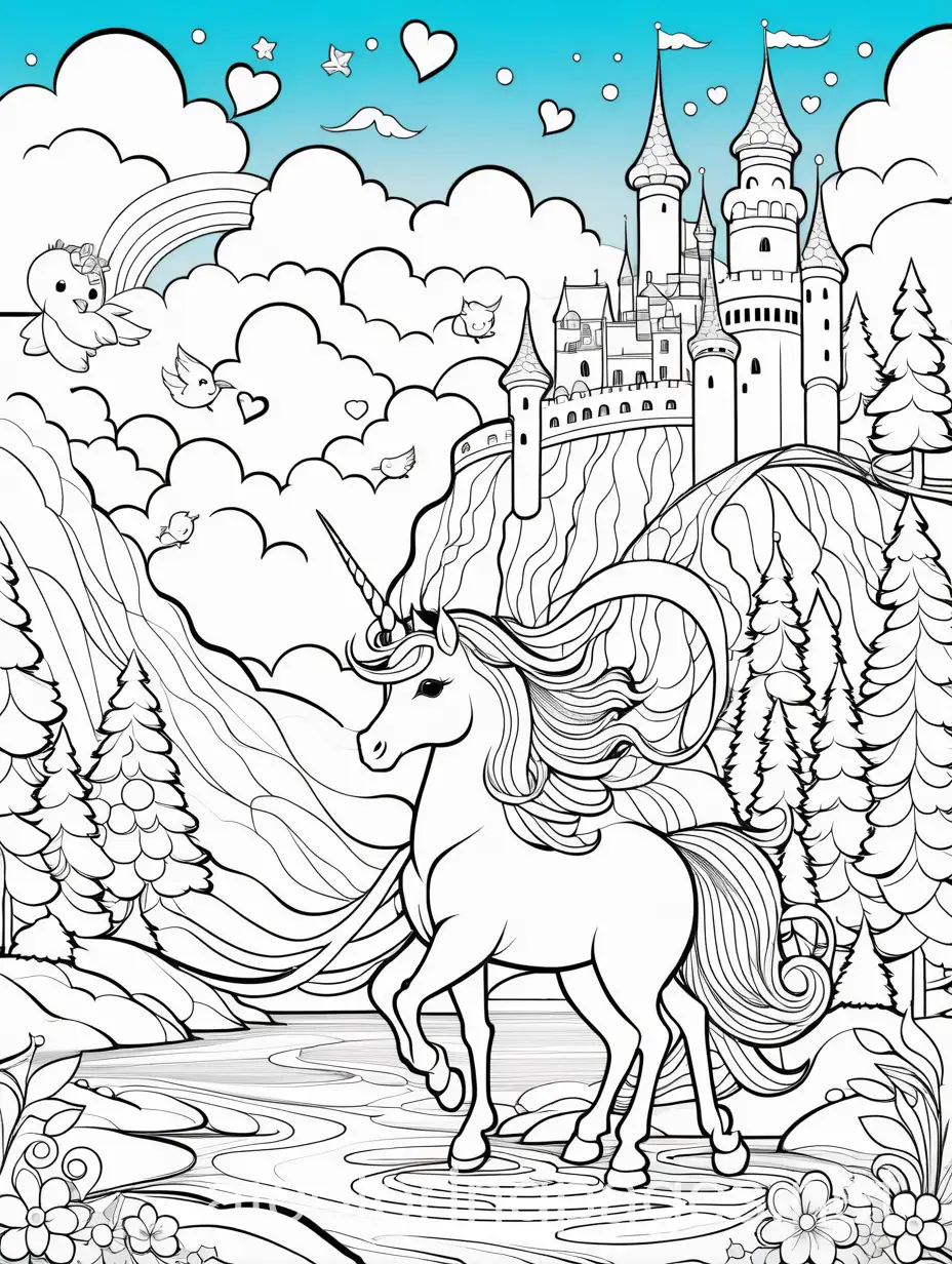 Create an adorable kawaii-style coloring book page featuring a whimsical and intricate scene. The centerpiece should be a charming, chubby unicorn with big, sparkling eyes and a flowing, curly mane adorned with stars and hearts. Surrounding the unicorn, include a variety of cute and fancy elements such as a smiling rainbow, fluffy clouds, and tiny, playful animals like bunnies, kittens, and birds. Add intricate details like flowers, candy, and magical wands. The scene should be set in an enchanting, dreamy landscape with a castle in the background, twinkling stars in the sky, and a sparkling river flowing through. Ensure the elements are outlined with bold, smooth lines, perfect for coloring., Coloring Page, black and white, line art, white background, Simplicity, Ample White Space. The background of the coloring page is plain white to make it easy for young children to color within the lines. The outlines of all the subjects are easy to distinguish, making it simple for kids to color without too much difficulty