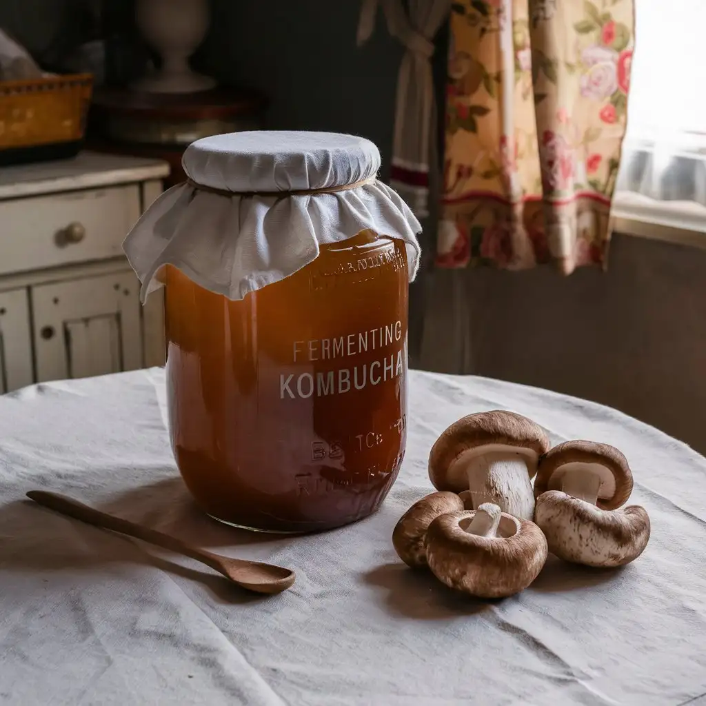 Kombucha in a three-liter jar, Russian kitchen, few boletus mushrooms on the table next to the jar, cottagecore aesthetics