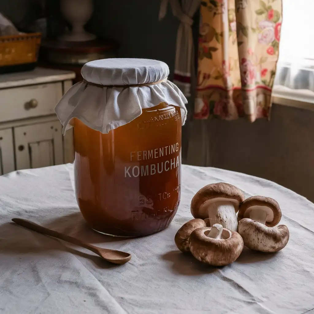 Cottagecore-Scene-Brewing-Kombucha-in-a-Rustic-Russian-Kitchen-with-Boletus-Mushrooms