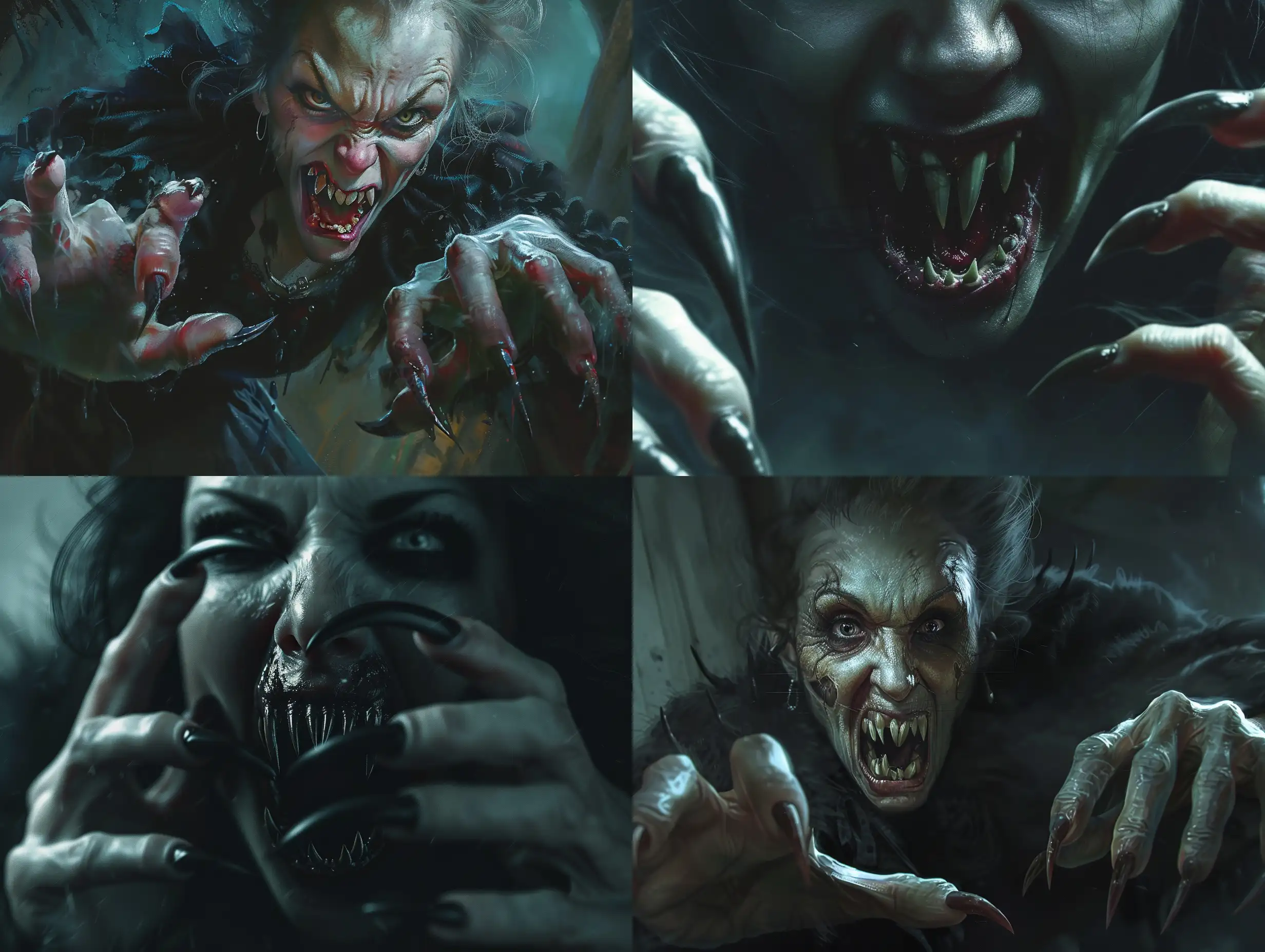 Photorealism nightmare scene of a monstrous female vampire with long, curved, pointed nails, exuding an aggressive and terrifying presence. Her pointed, crooked teeth form a scary expression amidst a dark and atmospheric setting. The high-quality depiction should capture the aggressive attack, emphasizing her predatory fangs and detailed nails in a hyper-realistic manner. The lighting should contribute to the horror atmosphere, ensuring a full-body portrayal with realistic hyper-detail. The character design should convey a playful yet menacing quality, with full anatomical accuracy including distinctly human hands with five fingers. The final image must be very clear without flaws, portraying the vampire with unparalleled photorealism. 