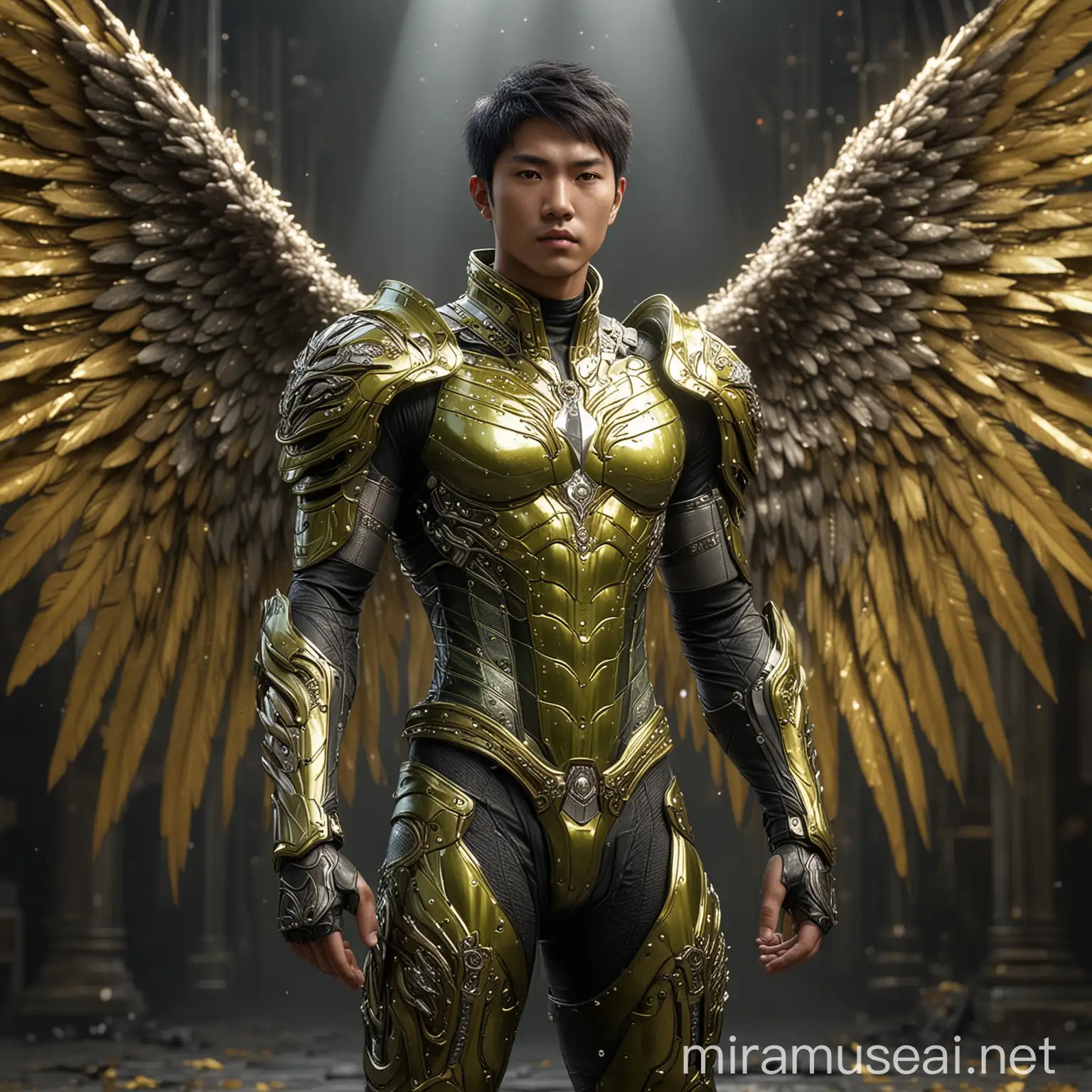 Full body photorealistic young Asian man handsome, fractal archangel .unreal engine, extremely attractive male wearing chartreuse Diamond bodysuit, big wide massive sparkling wings extremely masculine physique, intricately detailed metal body armour, bulge, realistic skin, short tousled hair, fantasy background