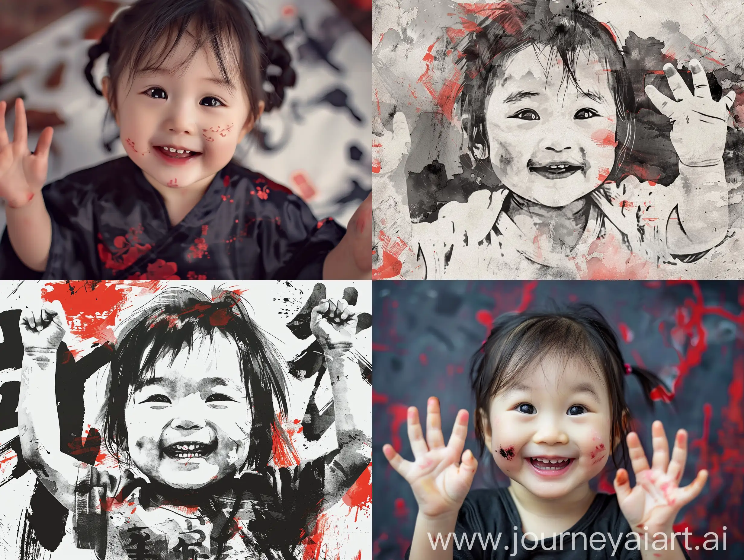 A very cute little Chinese girl, 2 years old, chubby little round face, with a smile on her face, hands in the air, Chinese ink painting style, black and red tones, face close-up