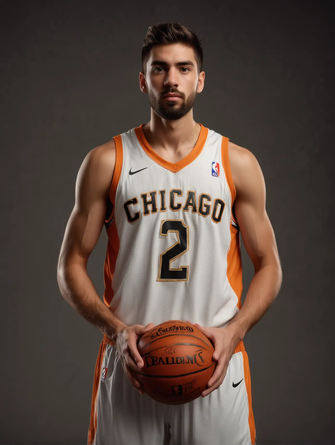 Outdoor court，A photo of a basketball player from Chicago wearing a white and gold jersey spinning an orange basketball with the number two on it while looking at the camera, full body shot, dark brown hair styled in fear, light beard, Handsome face, dark eyes, athletic build, NBA game action, high resolution, detailed skin texture, natural light, studio background, shot in portrait photography style using Canon EF wide-angle lens.