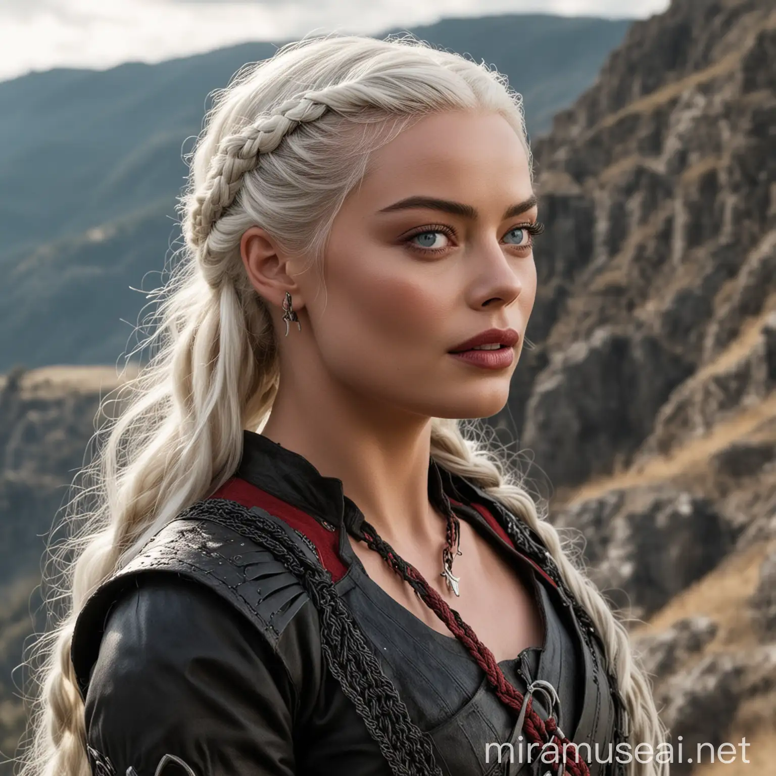 Margot Robbie en tant que princesse de la Maison Targaryen de l'Ancienne Valyria aux yeux clairs avec de longs cheveux blancs-argentés coiffés avec des tresses, portant une tenue noire et rouge typiquement Targaryen, marchant sur une pente ensoleillée d'une montagne