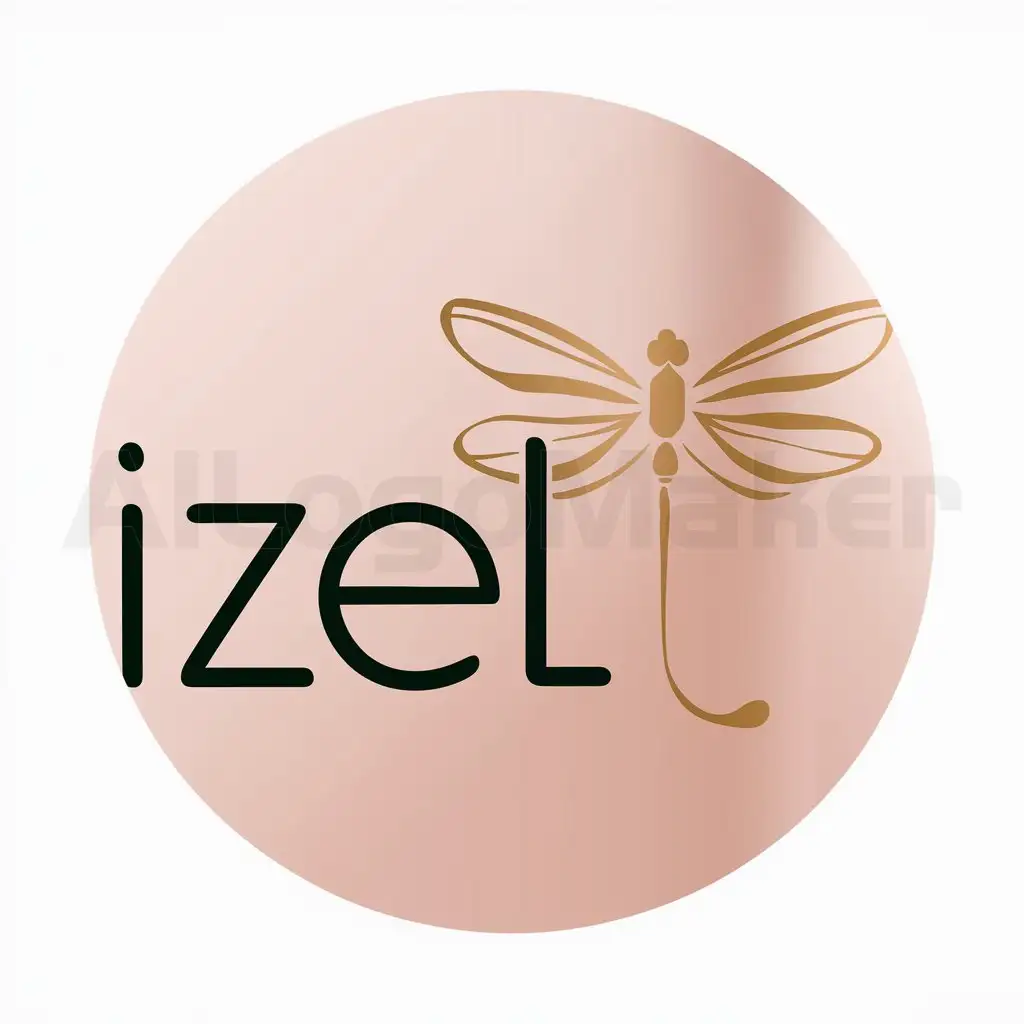 a logo design,with the text 'Izel' in sans serif italic font and aqua green color for instagram, main symbol:Standing golden dragon fly looking like a woman,Minimalistic, gradient rose gold background