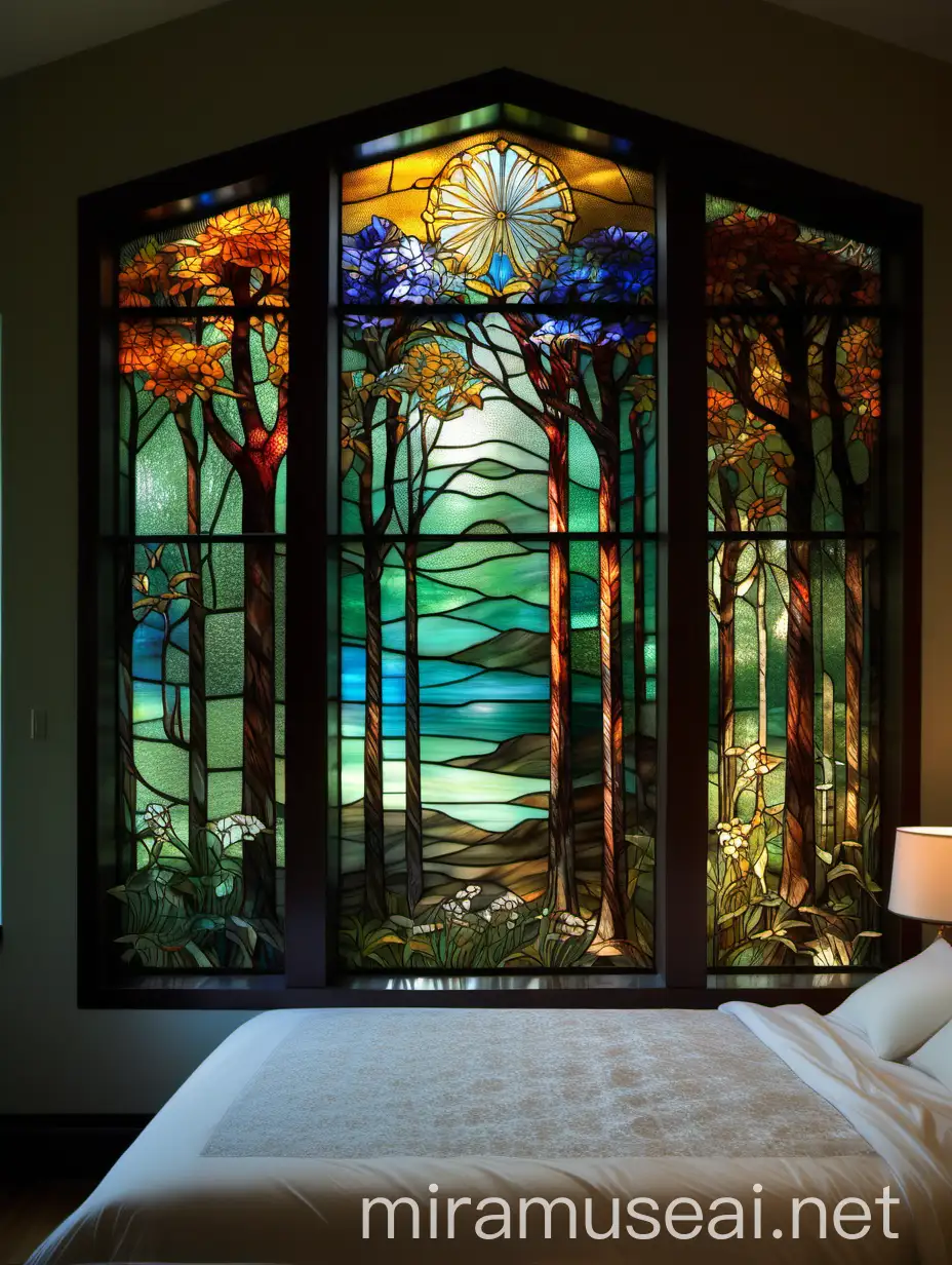 Colorful Tiffany Stained Glass Window in Bedroom Overlooking Forest House